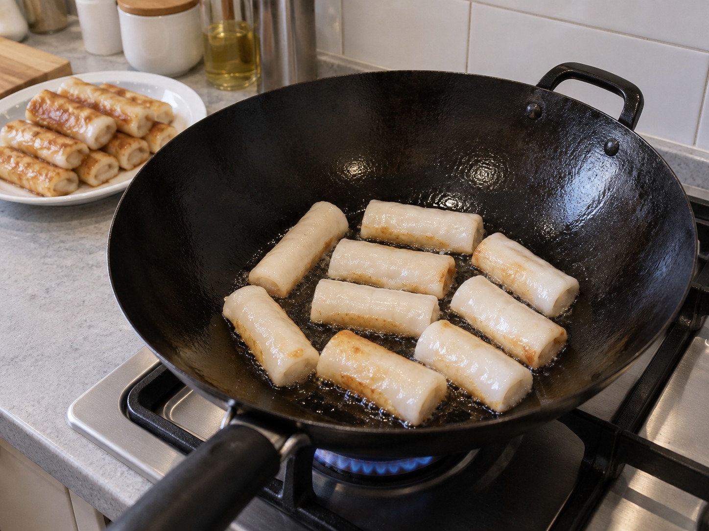 港式豉油皇煎腸粉 — 用餘下一湯匙油同樣煎第二批