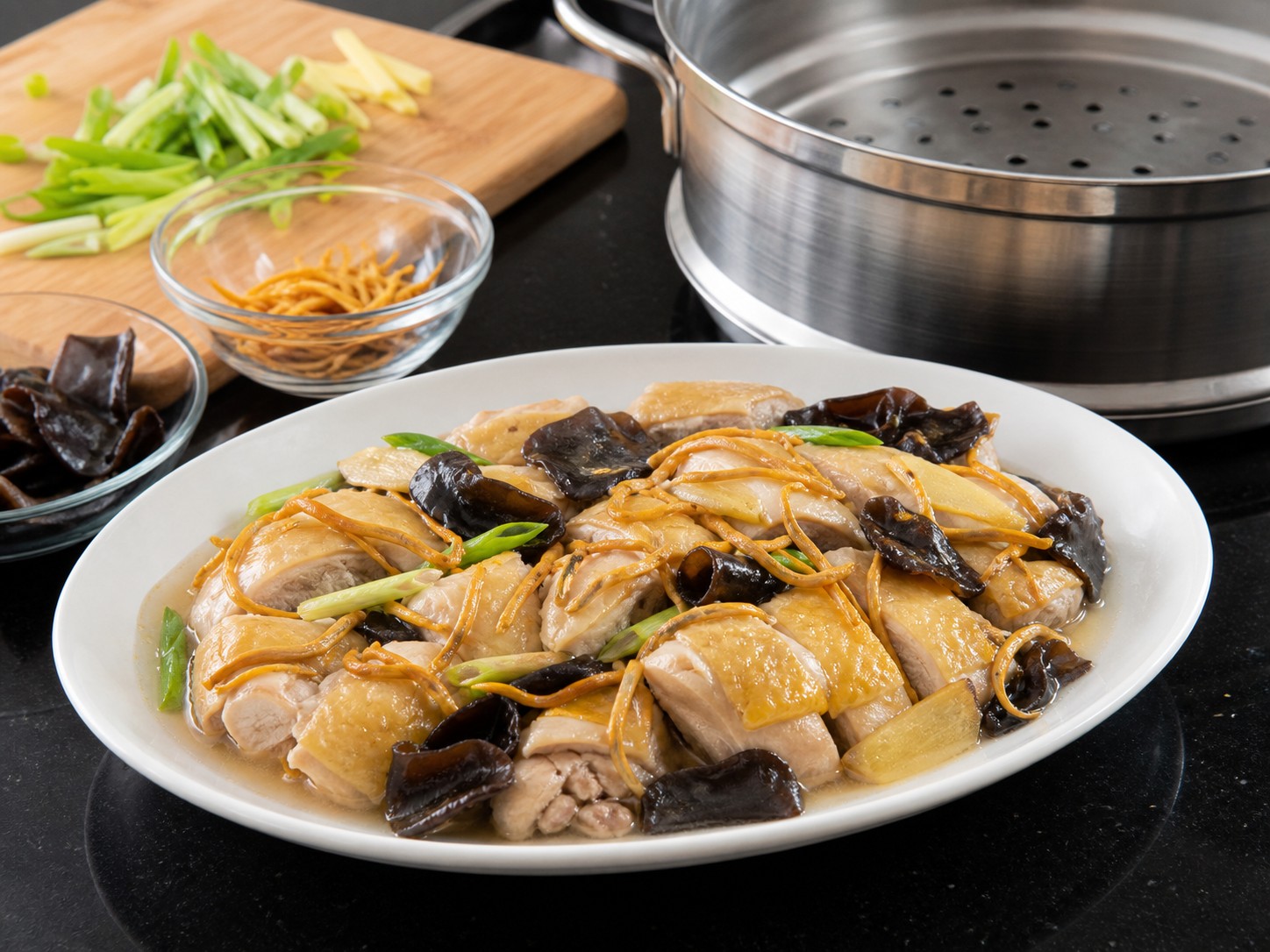 港式蟲草花雲耳蒸雞完成圖｜Hong Kong-Style Steamed Chicken with Cordyceps Flower and Wood Ear Mushrooms