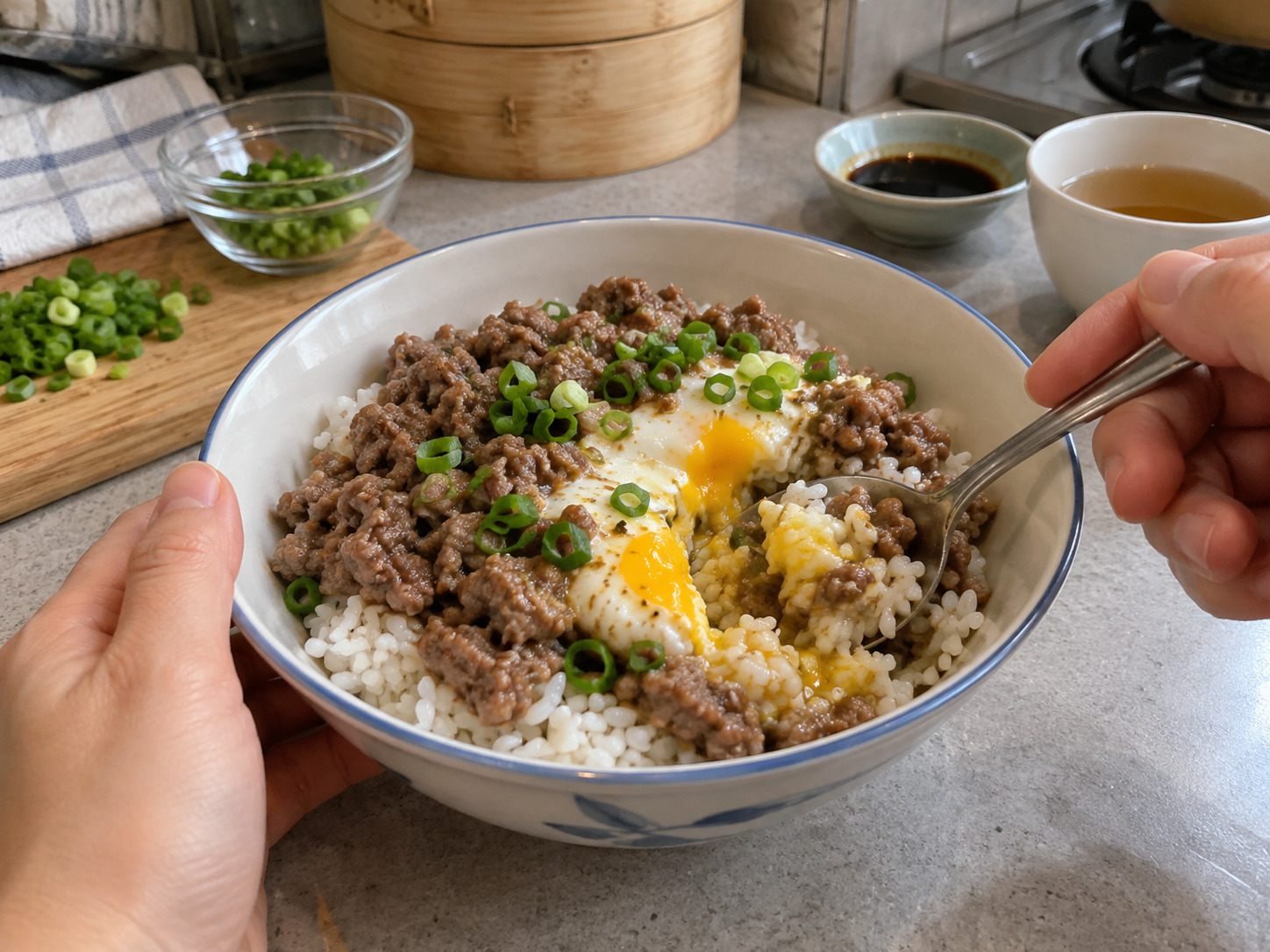 Hong Kong Steamed Rice na Giniling na Baka at Itlog — natapos na ulam