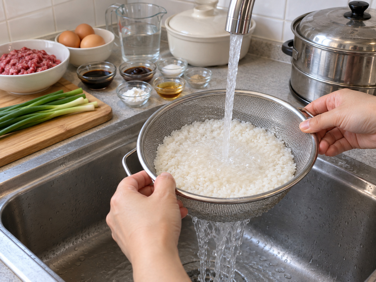 Hong Kong Steamed Rice na Giniling na Baka at Itlog — Hugasan ang bigas hanggang halos malinaw ang tubig at patuluin