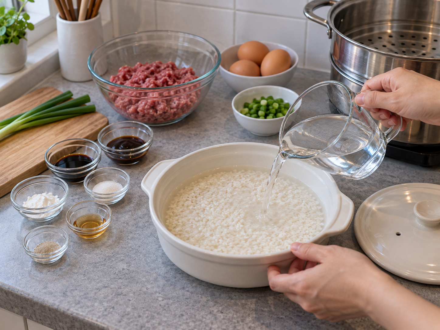 Hong Kong Steamed Rice na Giniling na Baka at Itlog — Ilagay ang bigas at tubig sa heatproof na pinggan at ibabad nang sampung minuto