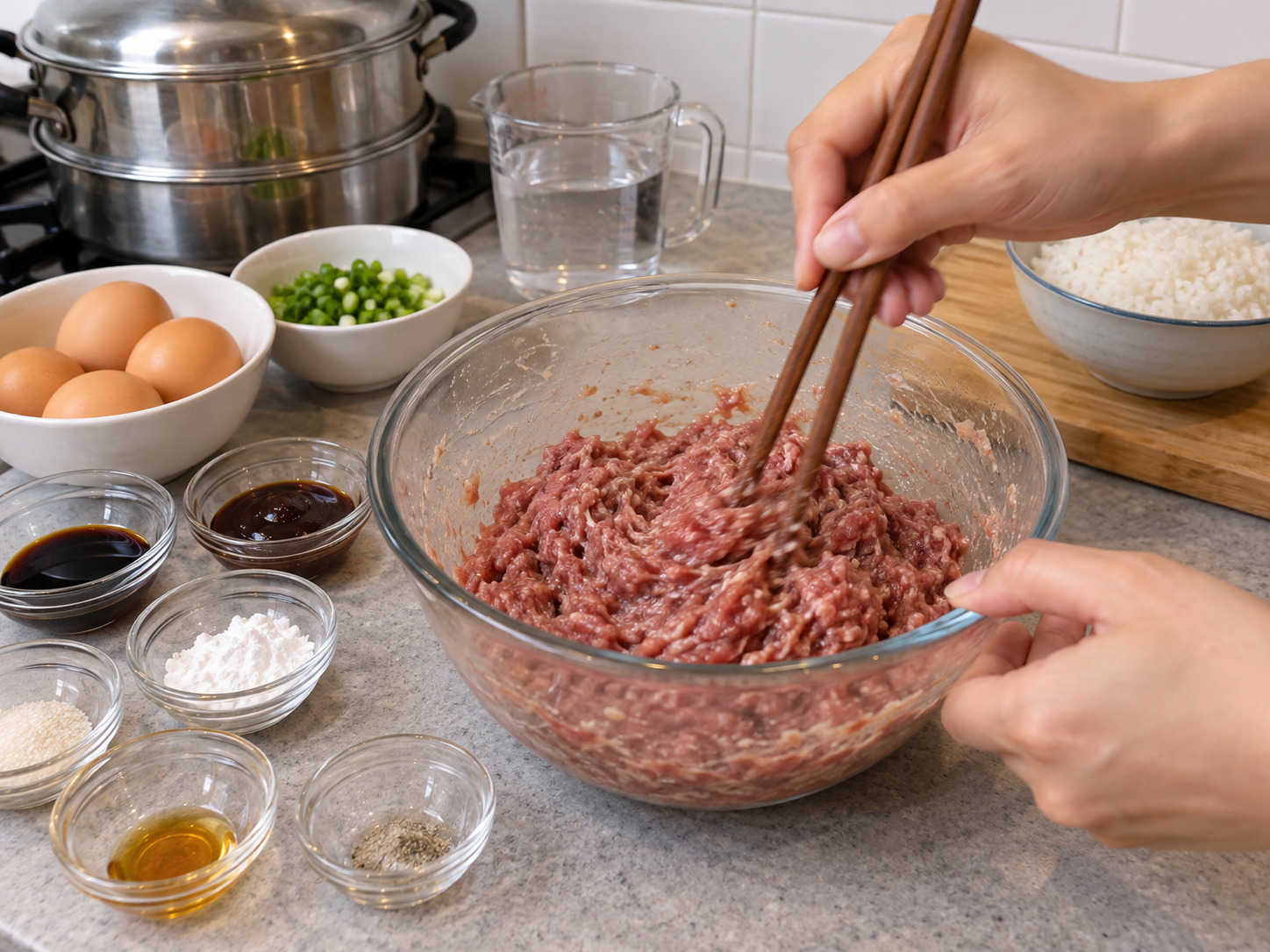 Hong Kong Steamed Rice na Giniling na Baka at Itlog — Haluin ang baka sa iisang direksiyon gamit ang chopsticks hanggang malagkit
