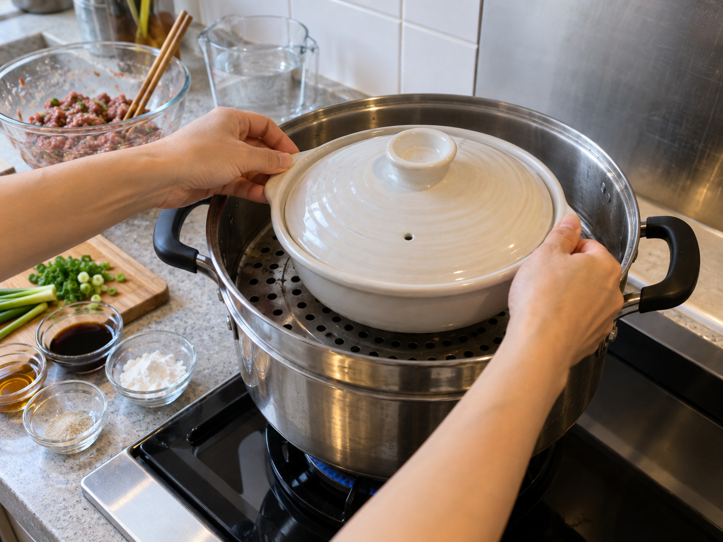 Hong Kong Steamed Rice na Giniling na Baka at Itlog — Pakuluan ang tubig sa steamer at ilagay ang pinggan ng bigas sa patungan