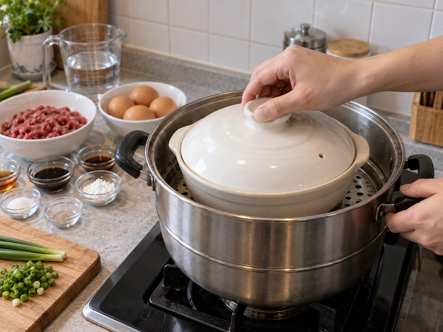 Hong Kong Steamed Rice na Giniling na Baka at Itlog — Takpan at pasingawan sa katamtamang apoy nang labinlimang minuto