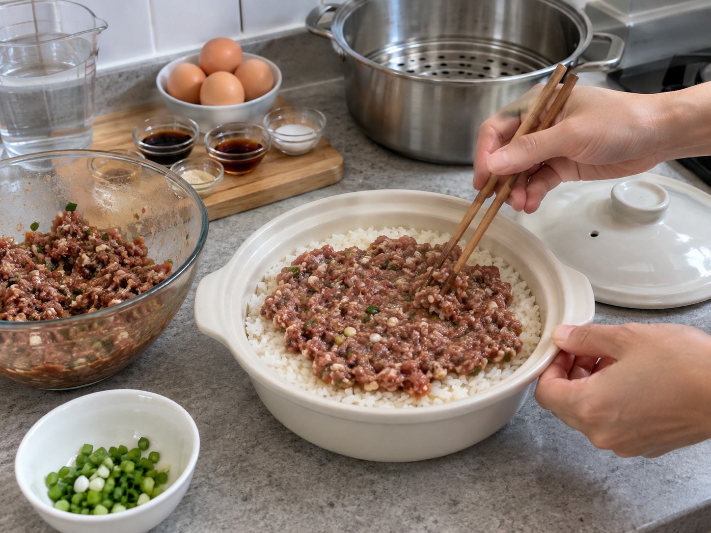 Hong Kong Steamed Rice na Giniling na Baka at Itlog — Ikalat nang pantay ang baka sa ibabaw ng bahagyang lutong kanin