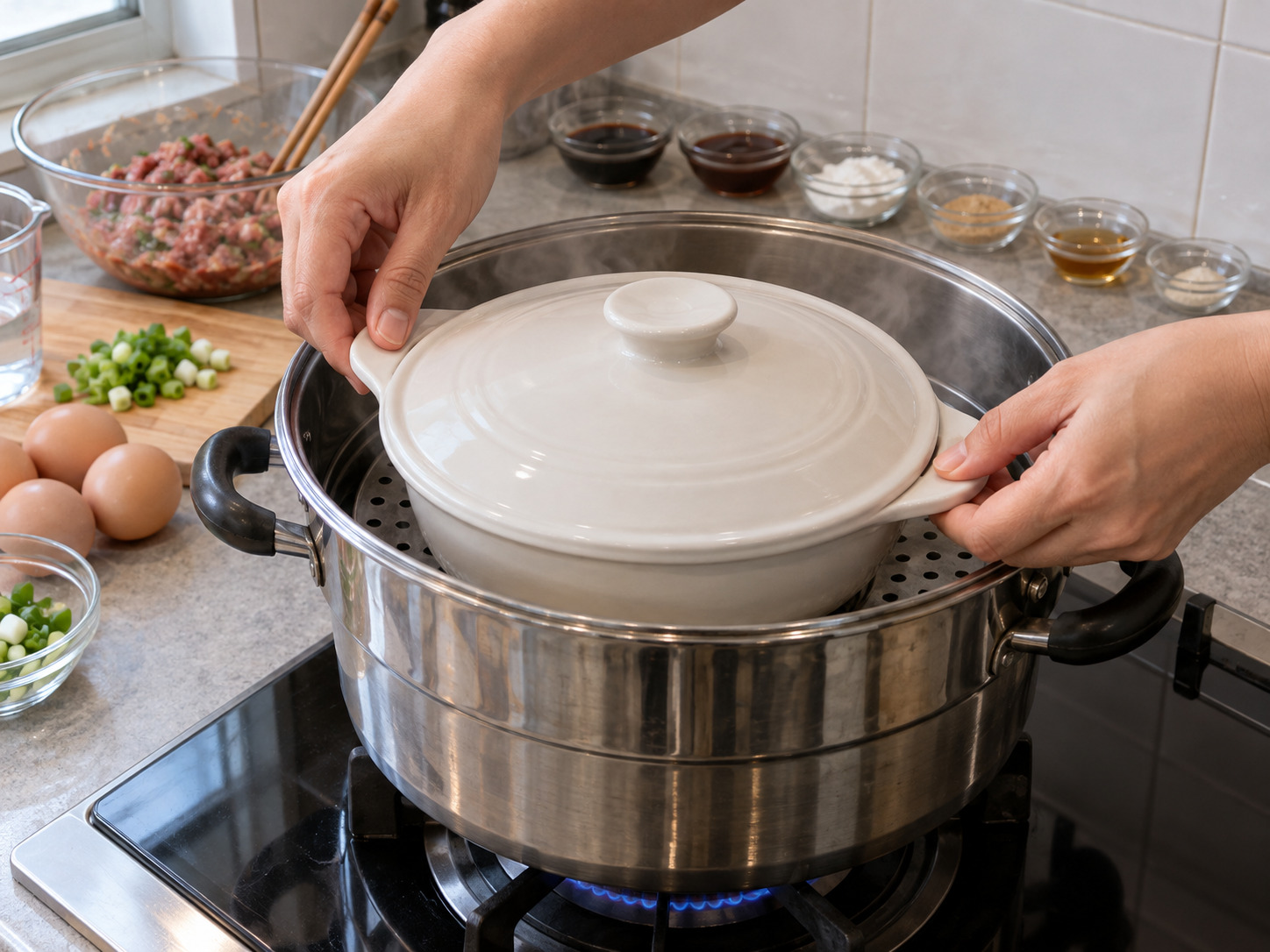 Hong Kong Steamed Rice na Giniling na Baka at Itlog — Takpan at pasingawan pa nang walong minuto