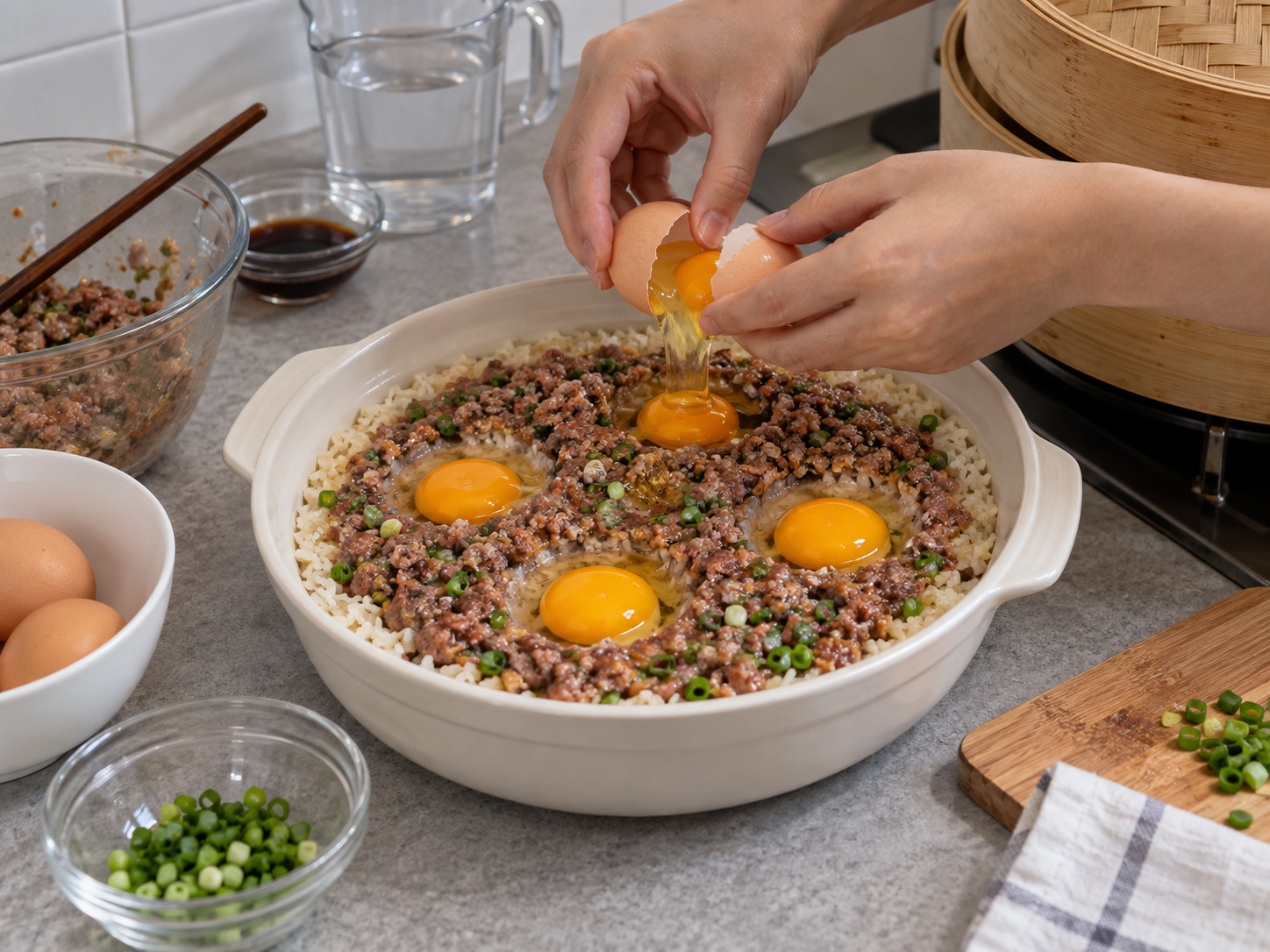 Hong Kong Steamed Rice na Giniling na Baka at Itlog — Basagin ang tig-isang itlog sa bawat hukay
