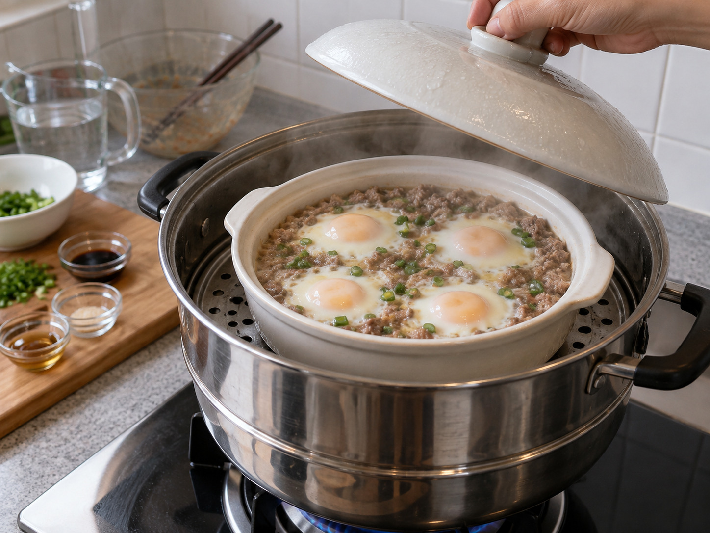 Hong Kong Steamed Rice na Giniling na Baka at Itlog — Takpan at pasingawan nang lima hanggang pitong minuto hanggang buo ang puti at luto ang baka