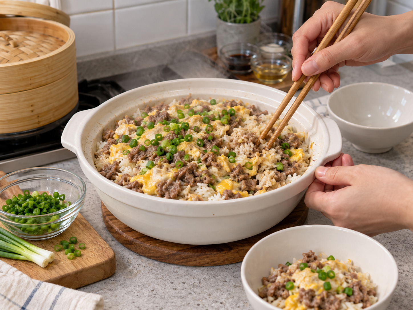 Hong Kong Steamed Rice na Giniling na Baka at Itlog — Budburan ng murang sibuyas, haluin ang baka at itlog sa kanin at ihain
