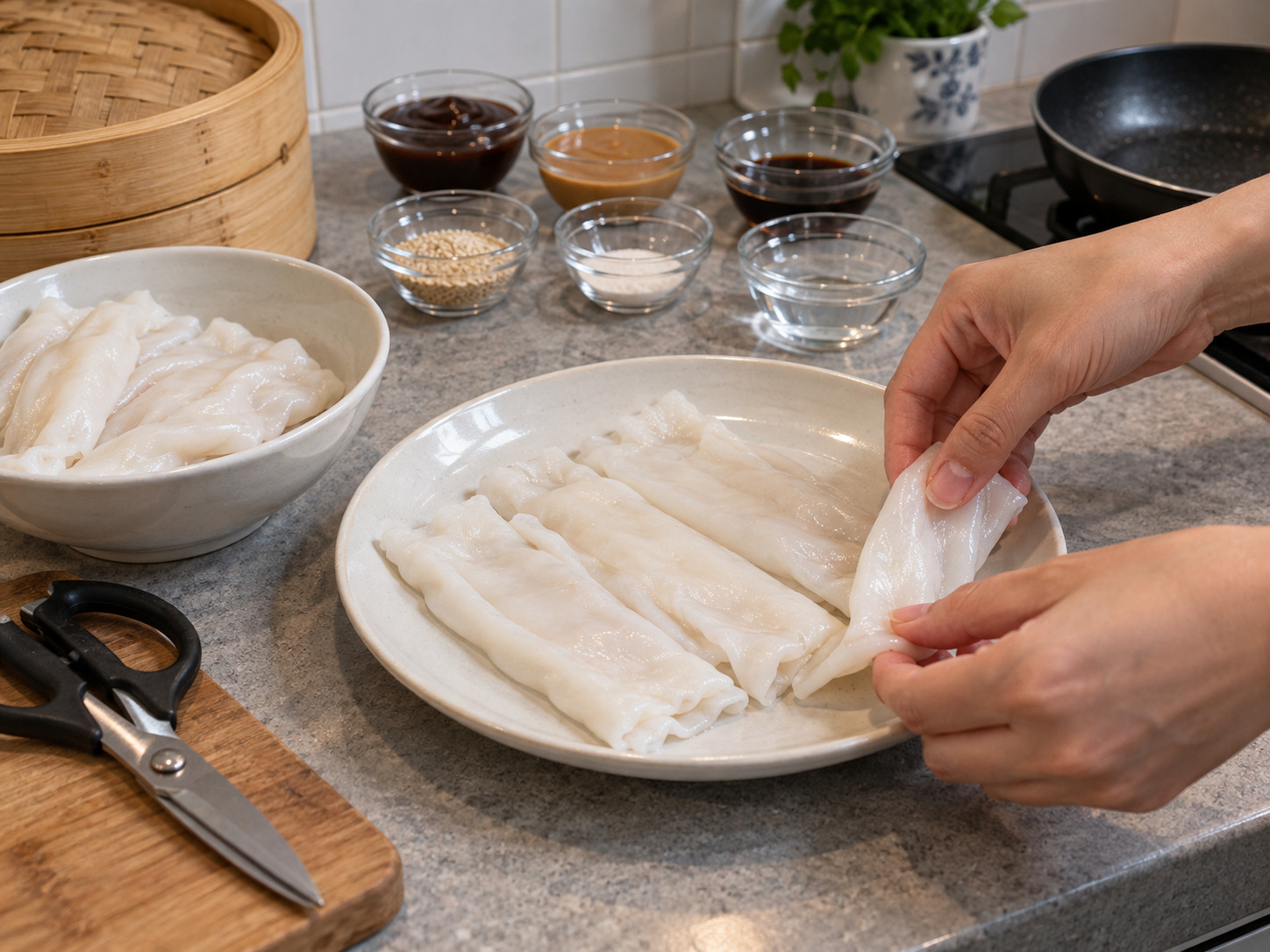 香港街頭甜醬腸粉 — 腸粉逐條分開，平放在耐熱碟上