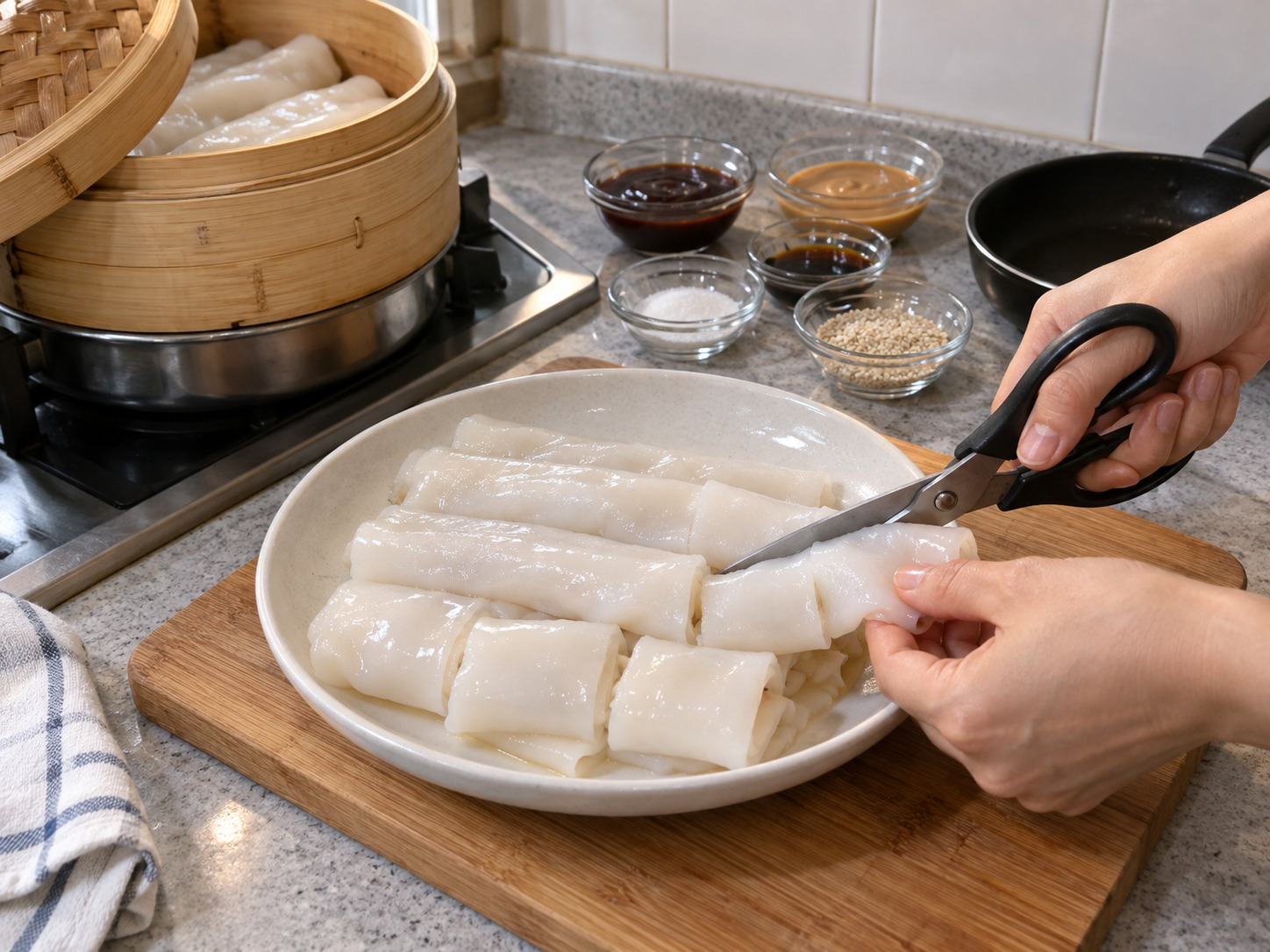 香港街頭甜醬腸粉 — 取出蒸熱的腸粉，用廚房剪刀剪成段