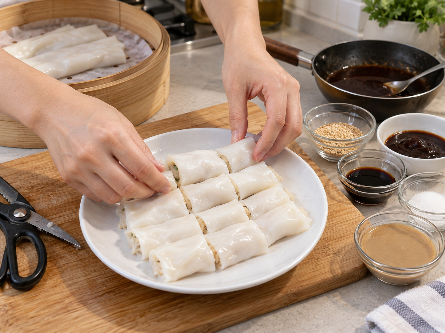 香港街頭甜醬腸粉 — 把腸粉整齊排回碟上