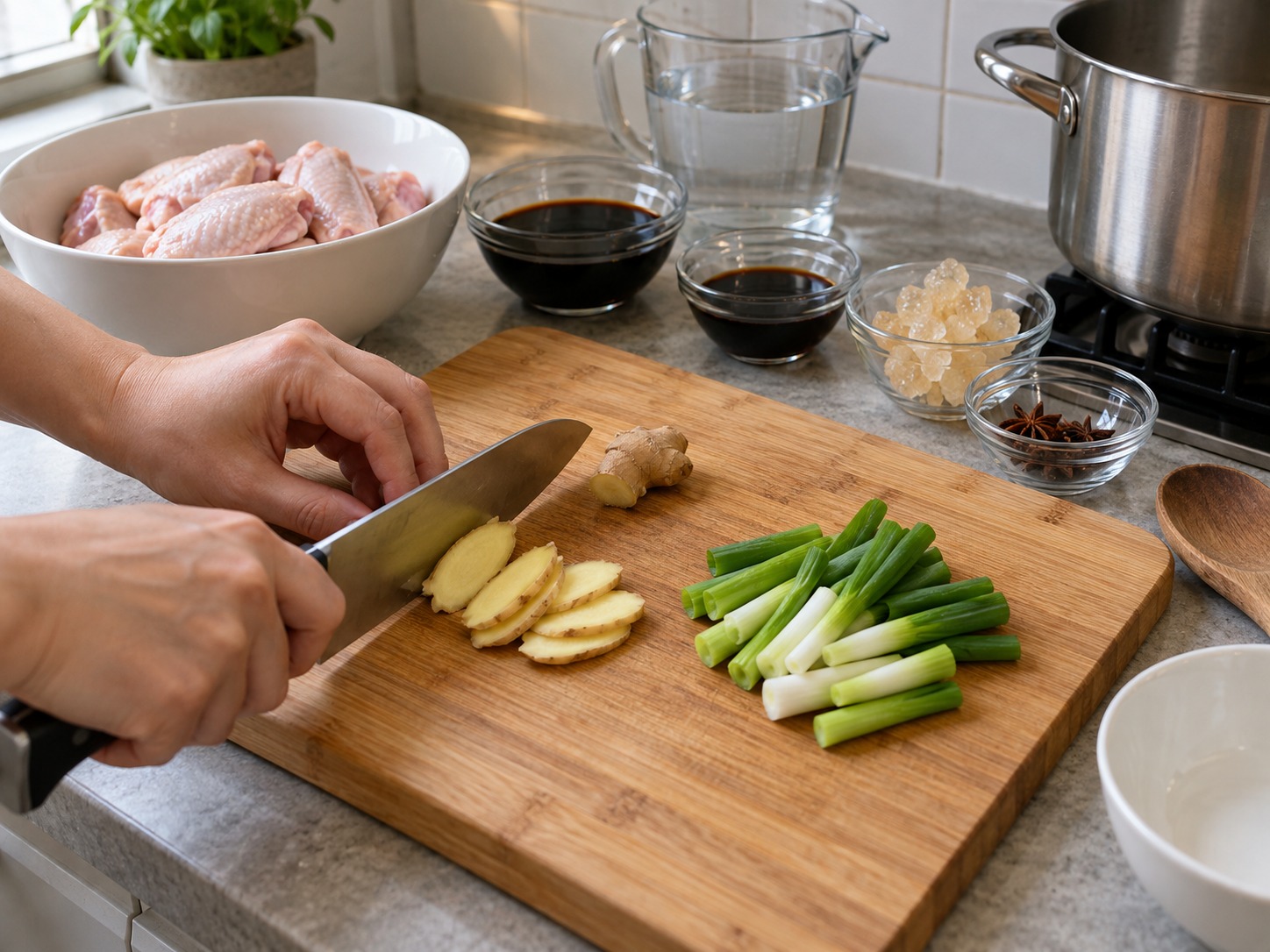 Sayap Ayam Saus Swiss Hong Kong — Iris jahe dan potong daun bawang