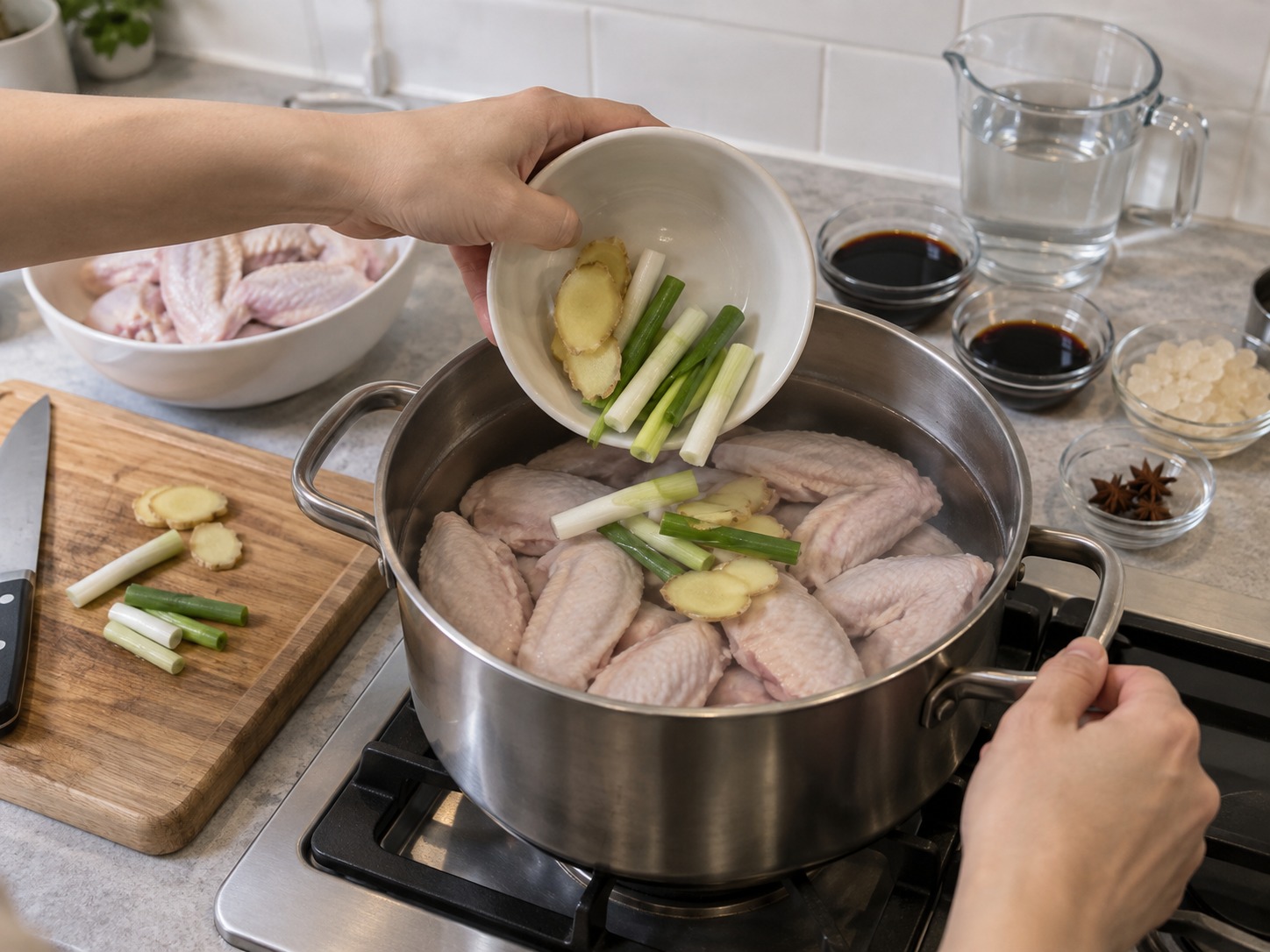 Sayap Ayam Saus Swiss Hong Kong — Masukkan sayap ke air dingin bersama setengah jahe dan daun bawang