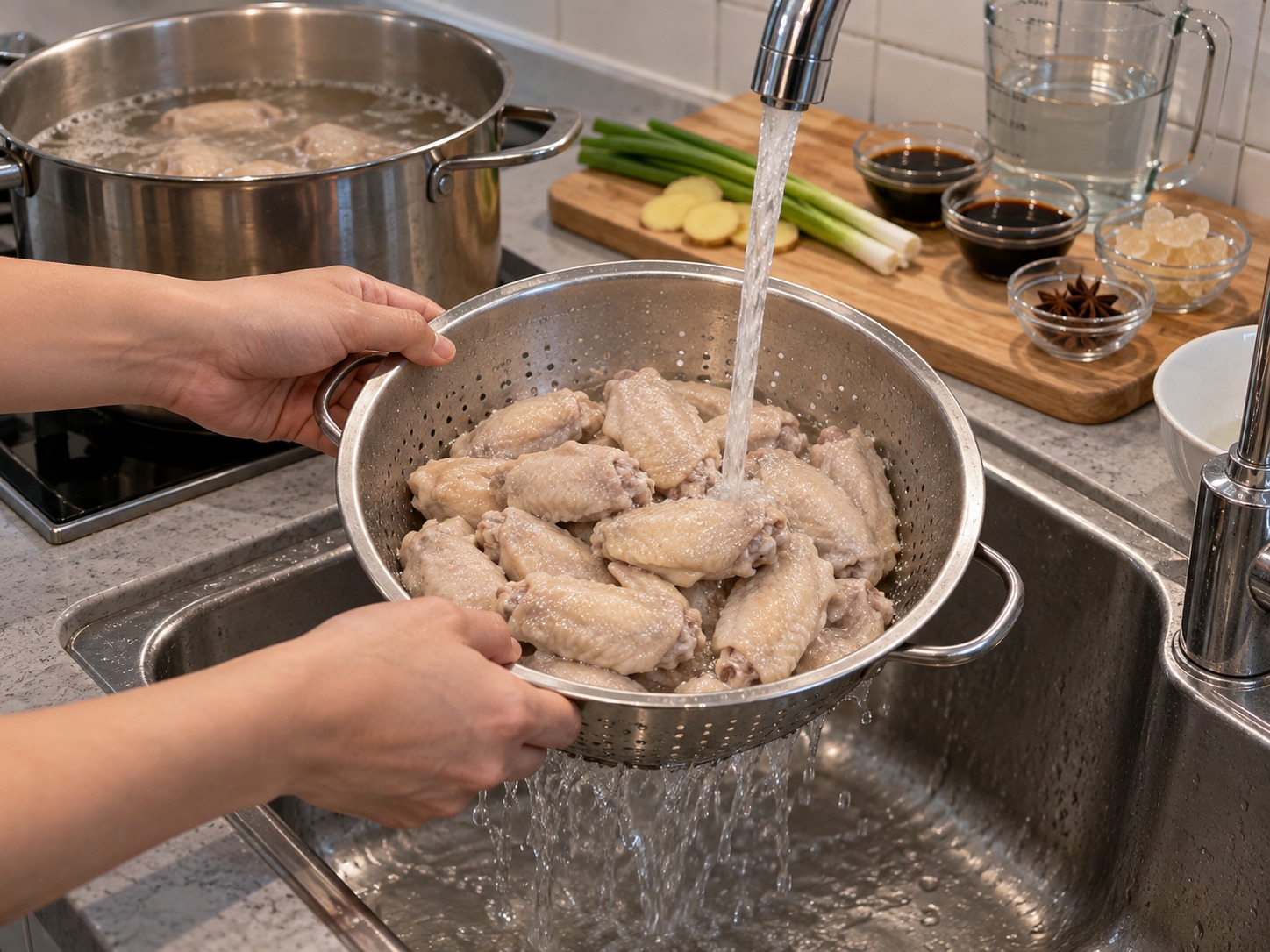 Sayap Ayam Saus Swiss Hong Kong — Rebus dua menit lalu tiriskan dan bilas