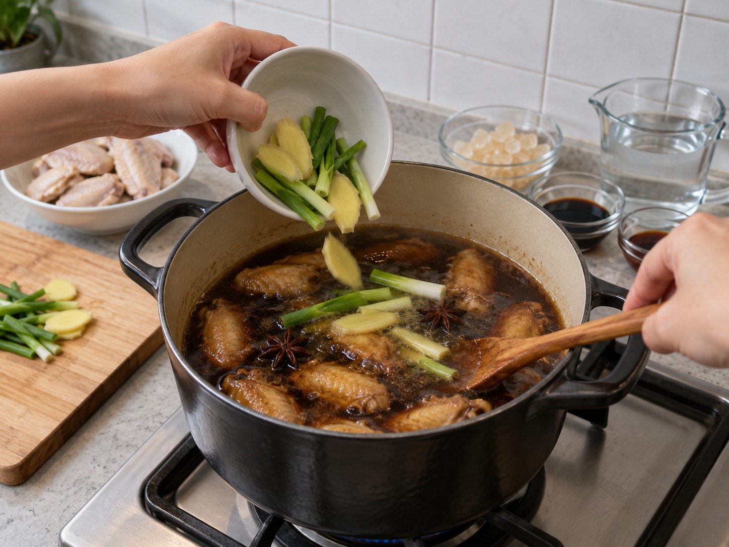 Sayap Ayam Saus Swiss Hong Kong — Tambahkan sisa jahe dan daun bawang hingga gula larut