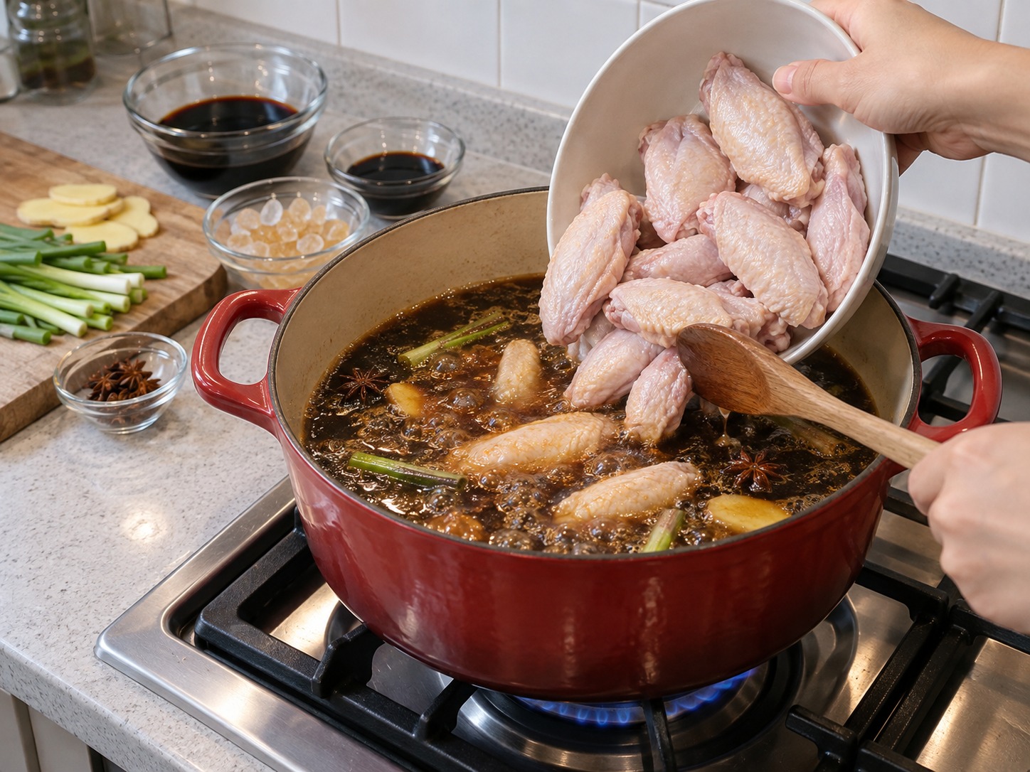 Sayap Ayam Saus Swiss Hong Kong — Masukkan sayap dan didihkan perlahan kembali