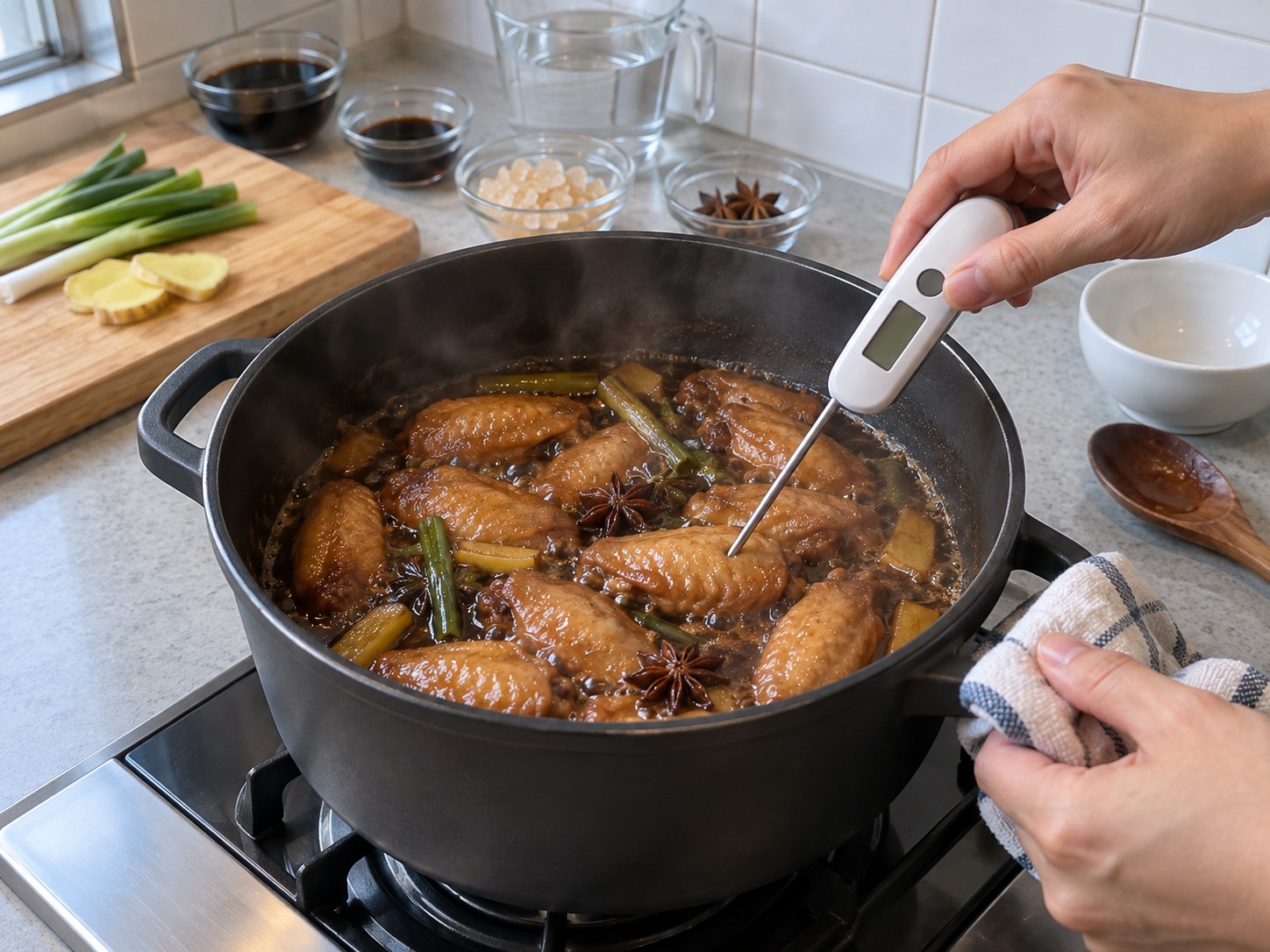 Sayap Ayam Saus Swiss Hong Kong — Pastikan bagian paling tebal mencapai 74°C