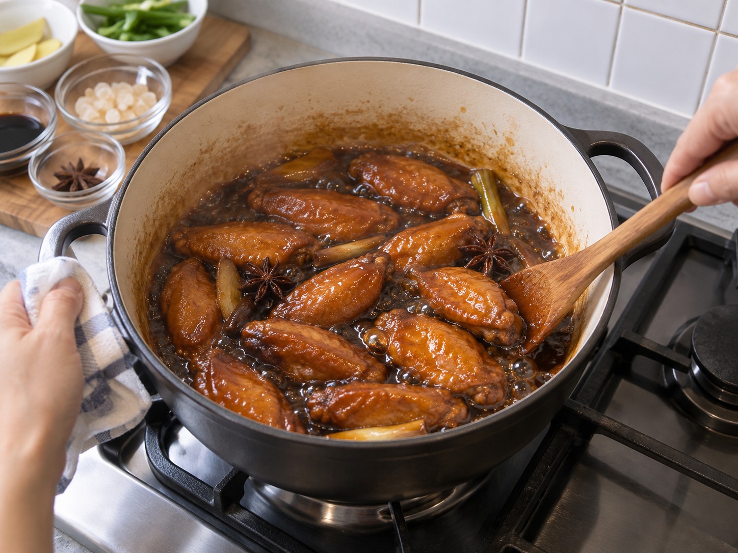Sayap Ayam Saus Swiss Hong Kong — Buka tutup dan susutkan hingga saus mengilap