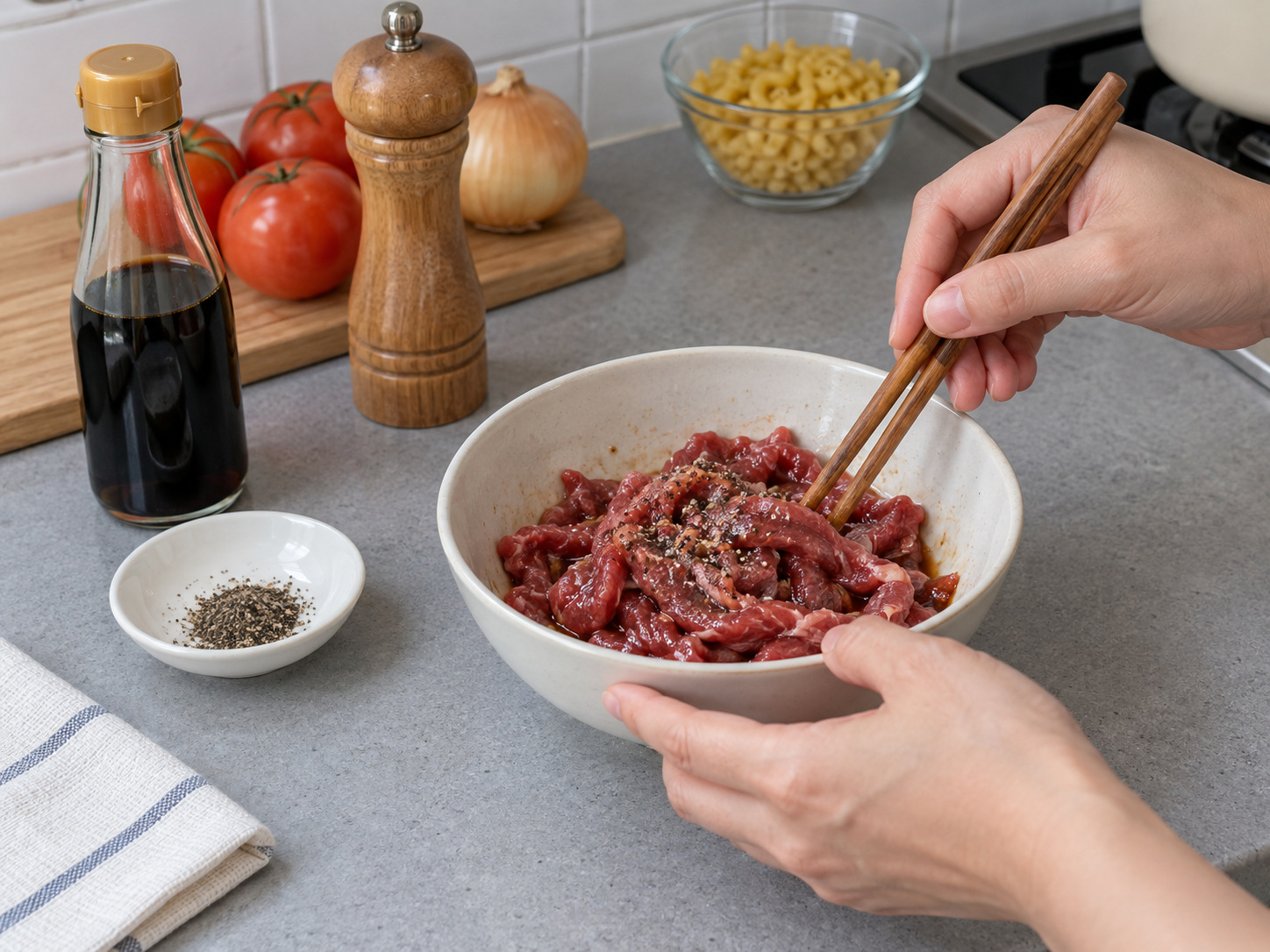 港式番茄牛肉湯通粉 — 醃牛肉