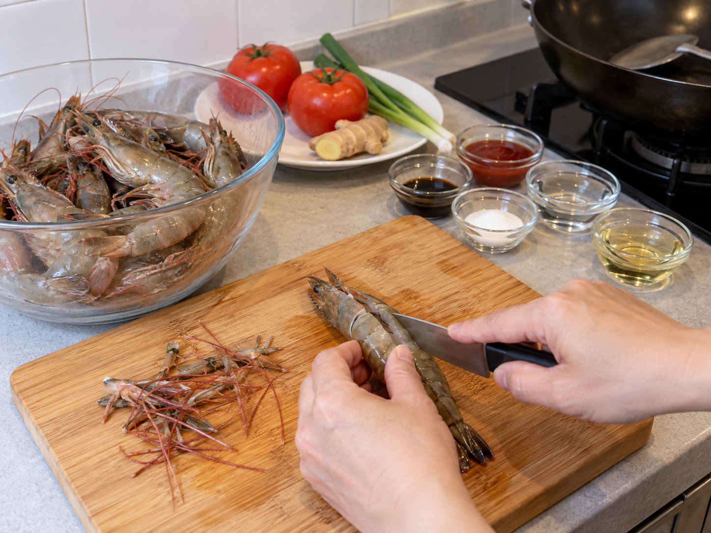 Hong Kong Tomato Sauce Prawns — Trim prawns