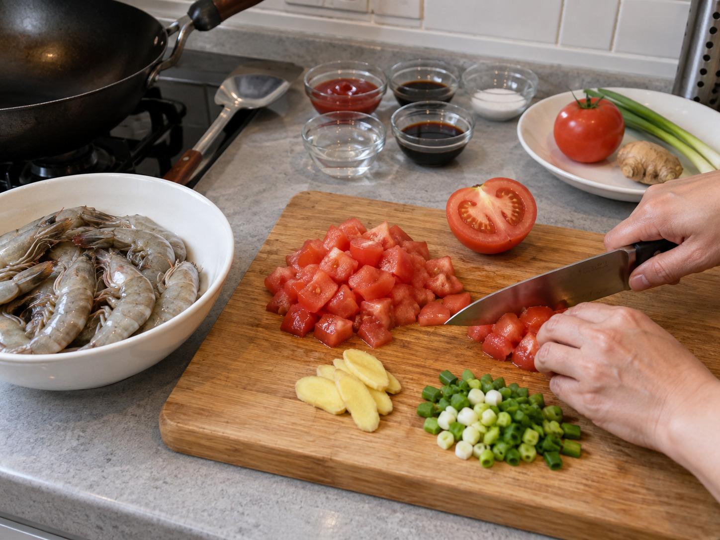 Hong Kong Tomato Sauce Prawns — Cut vegetables