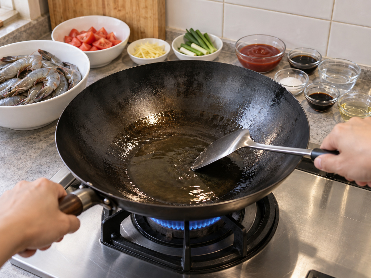 Hong Kong Tomato Sauce Prawns — Heat wok and oil