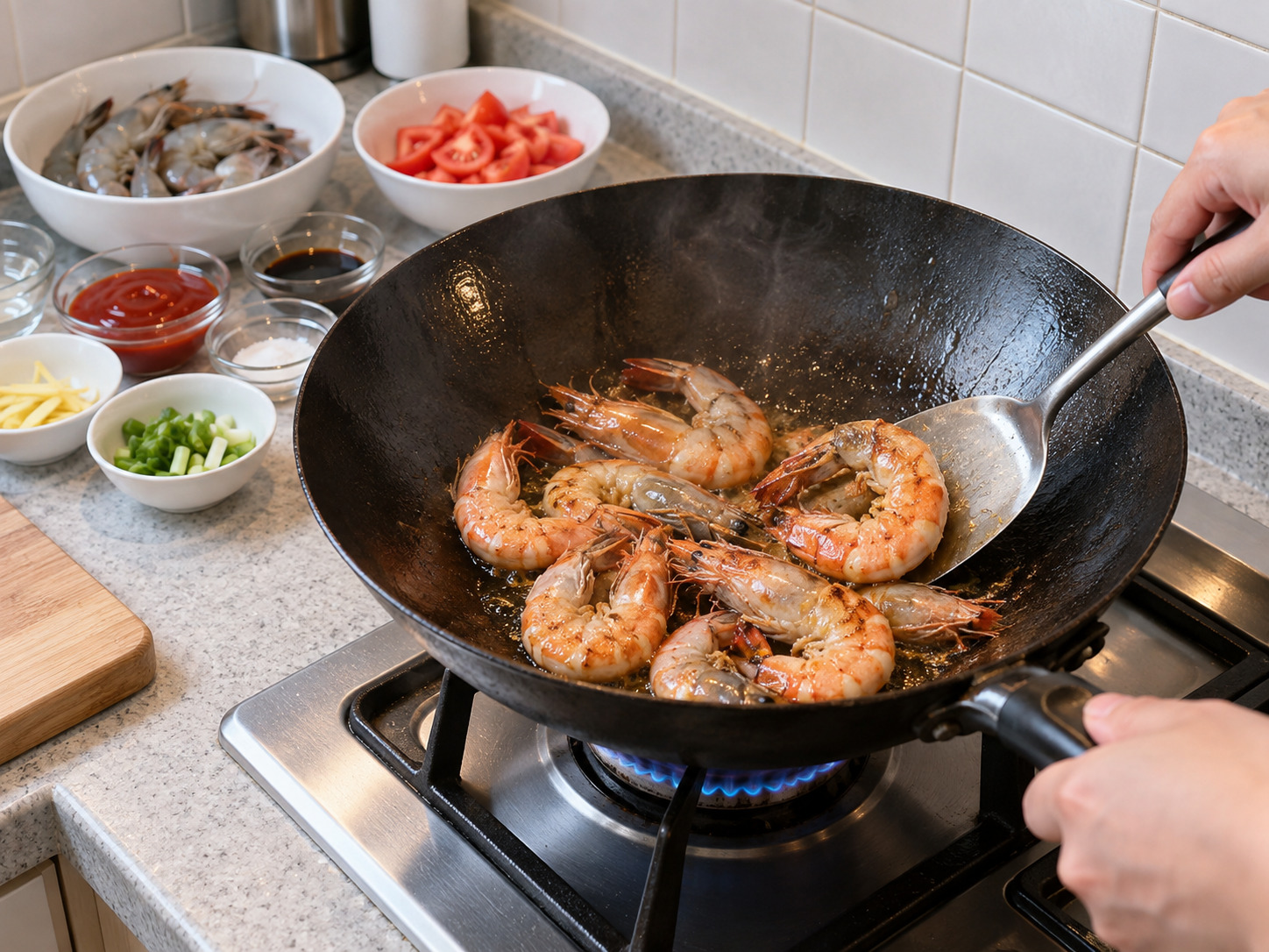 Hong Kong Tomato Sauce Prawns — Sear prawns