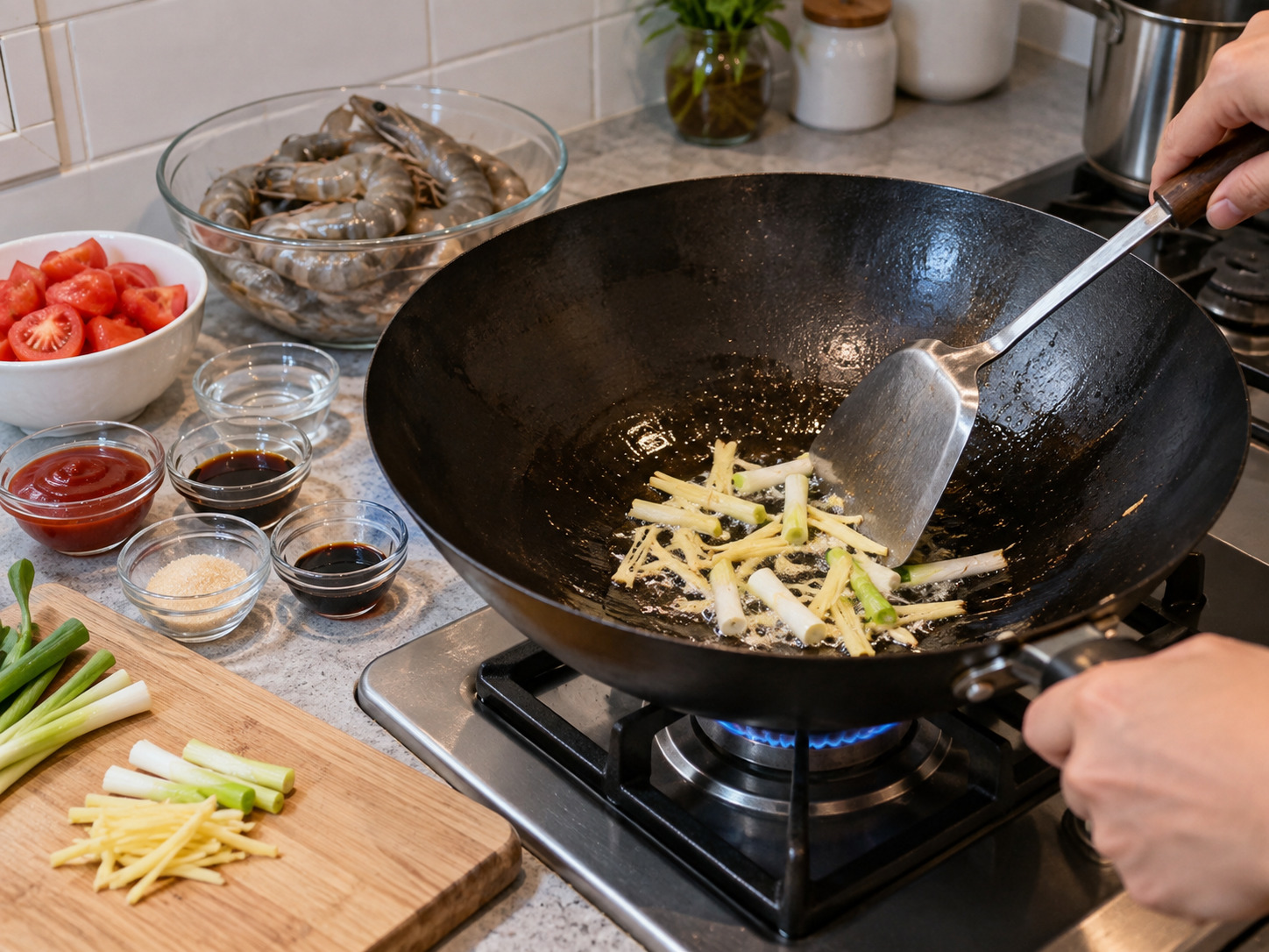 Hong Kong Tomato Sauce Prawns — Add aromatics