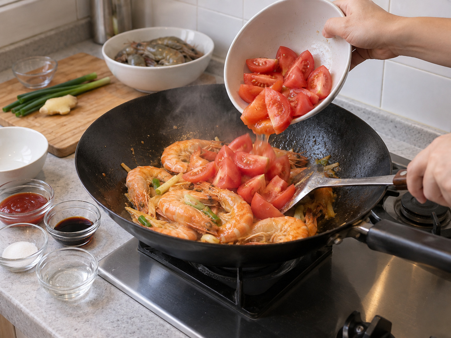 Hong Kong Tomato Sauce Prawns — Add tomato
