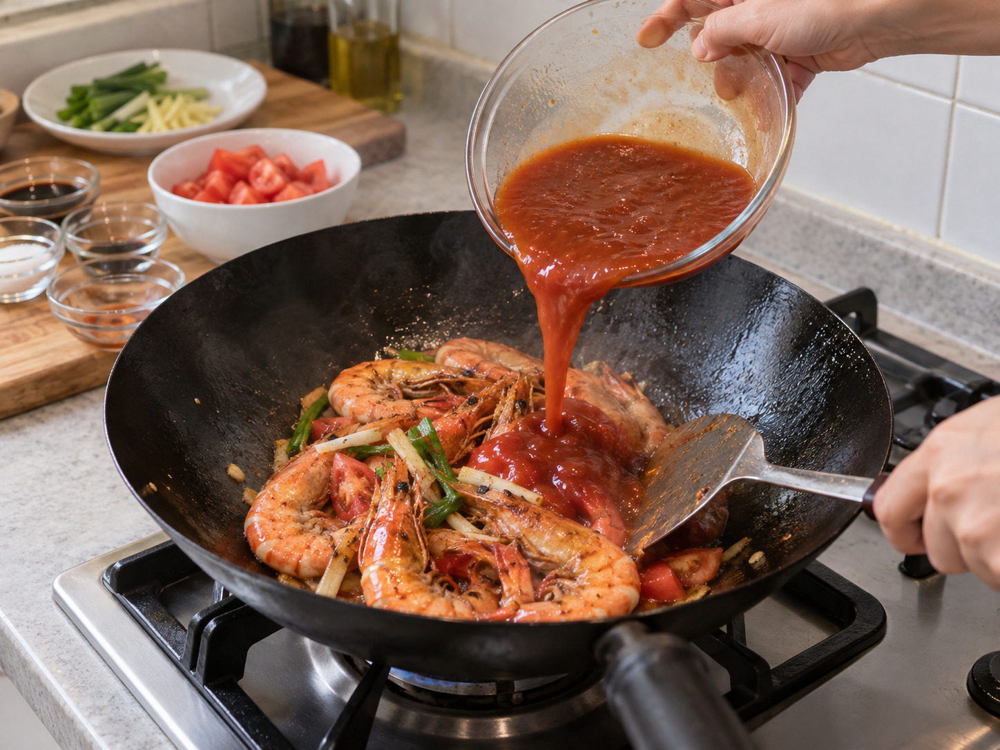 Hong Kong Tomato Sauce Prawns — Add glaze