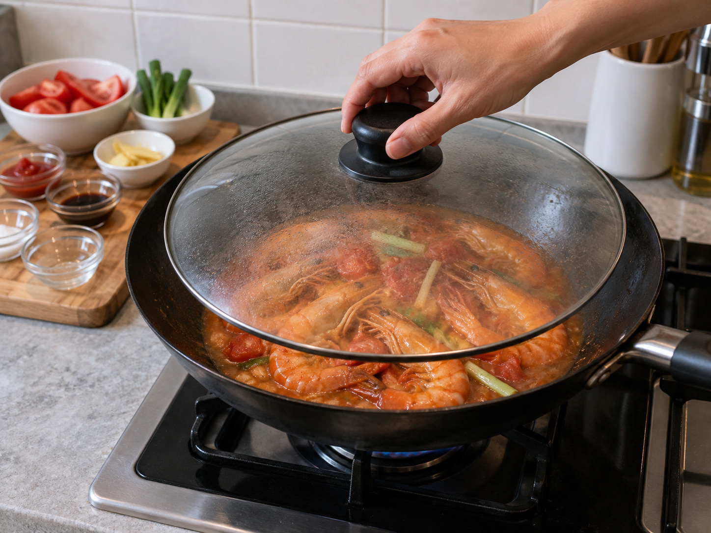 Hong Kong Tomato Sauce Prawns — Cover and cook