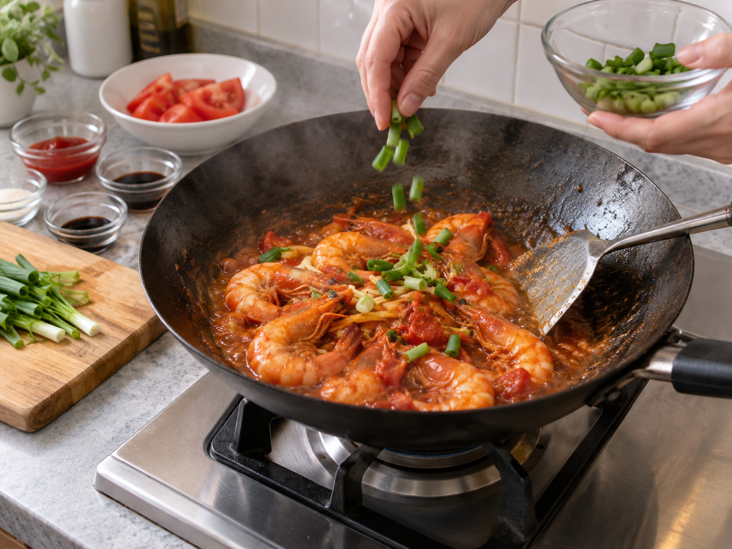 Hong Kong Tomato Sauce Prawns — Reduce and serve