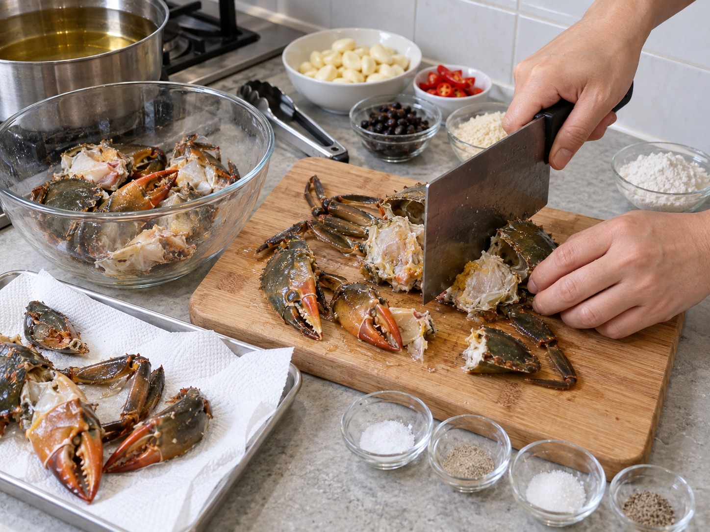 Hong Kong Typhoon Shelter Crab — Chop the body, crack the claws and pat dry