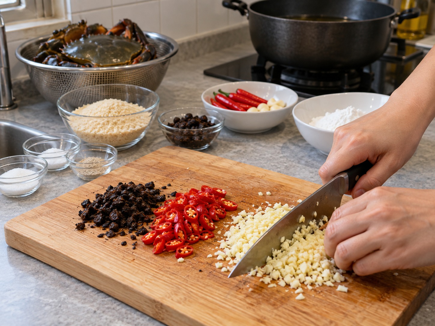 Hong Kong Typhoon Shelter Crab — Finely chop garlic, slice chillies and roughly chop black beans