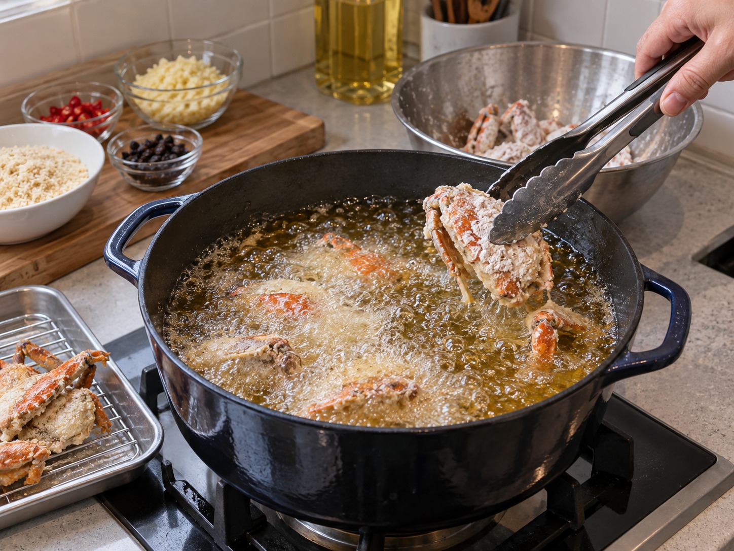 Hong Kong Typhoon Shelter Crab — Heat oil to 175°C and fry crab in batches