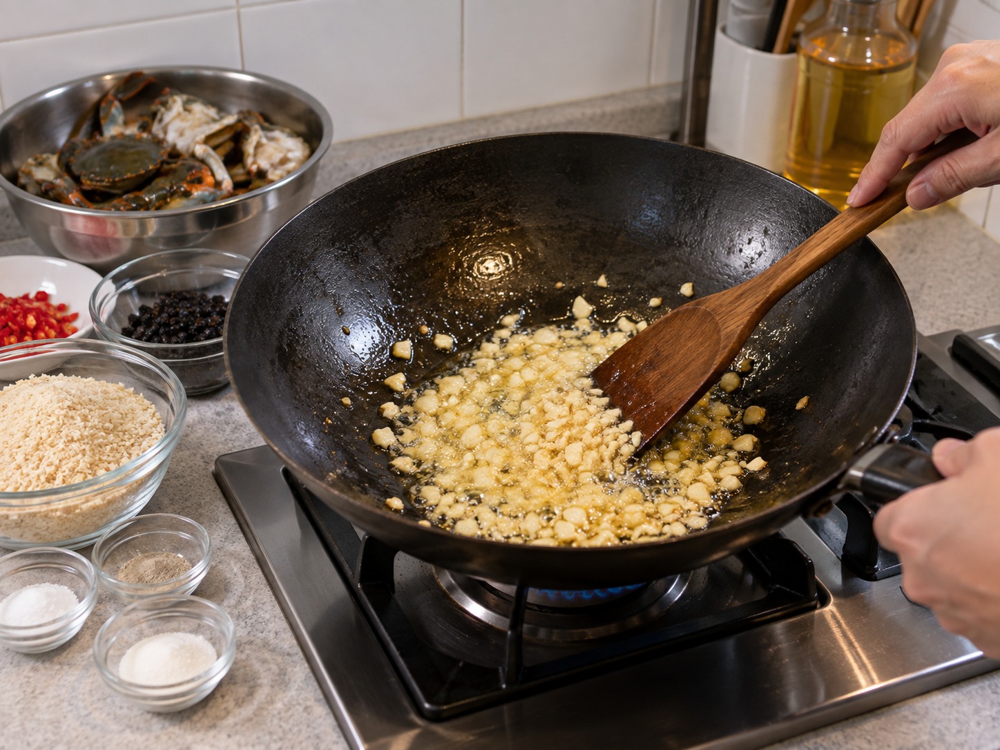 Hong Kong Typhoon Shelter Crab — Fry garlic gently in a clean wok until pale golden