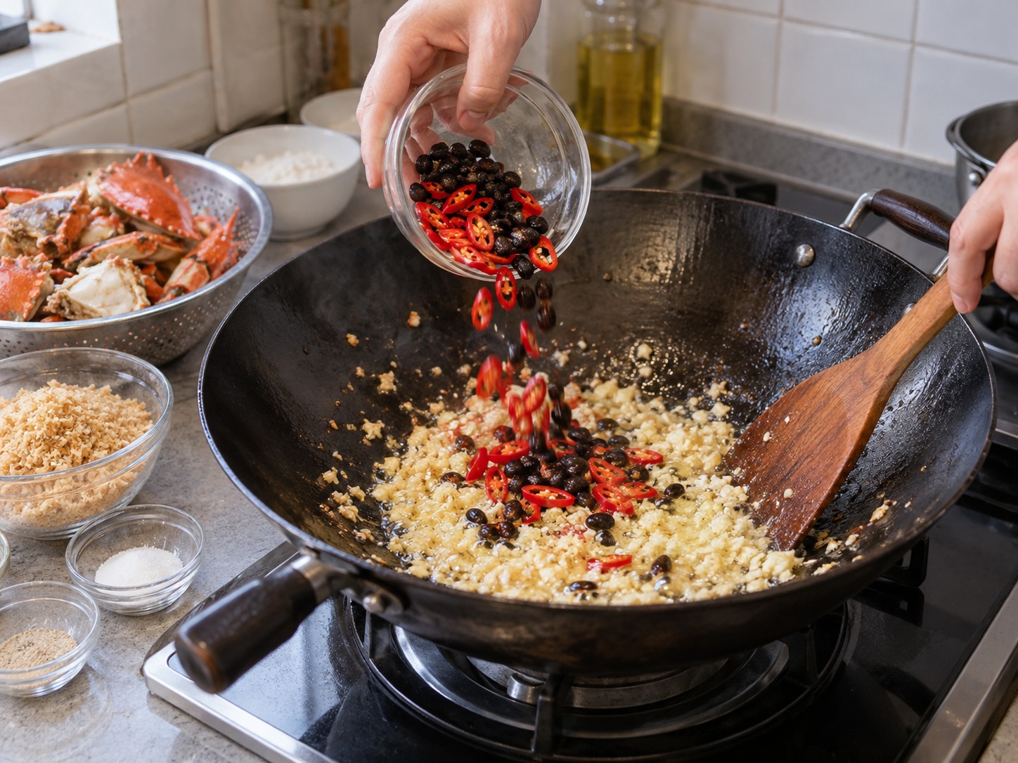 Hong Kong Typhoon Shelter Crab — Add chillies and black beans and fry until aromatic