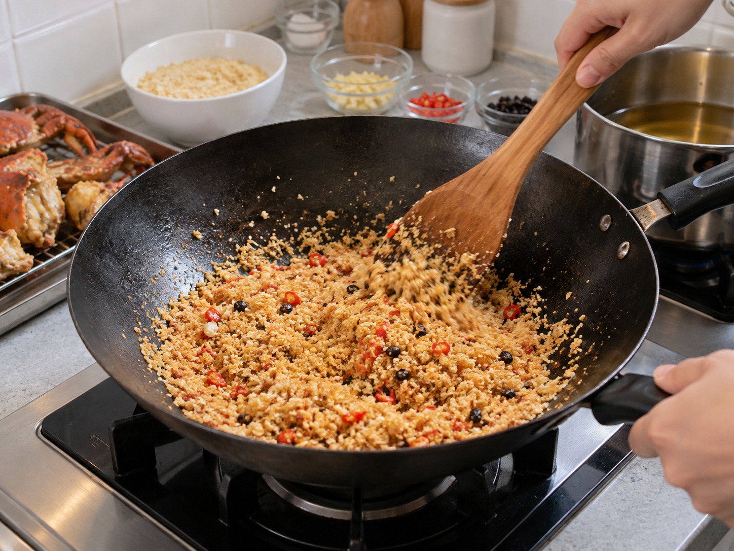 Hong Kong Typhoon Shelter Crab — Add breadcrumbs and fry until dry and golden