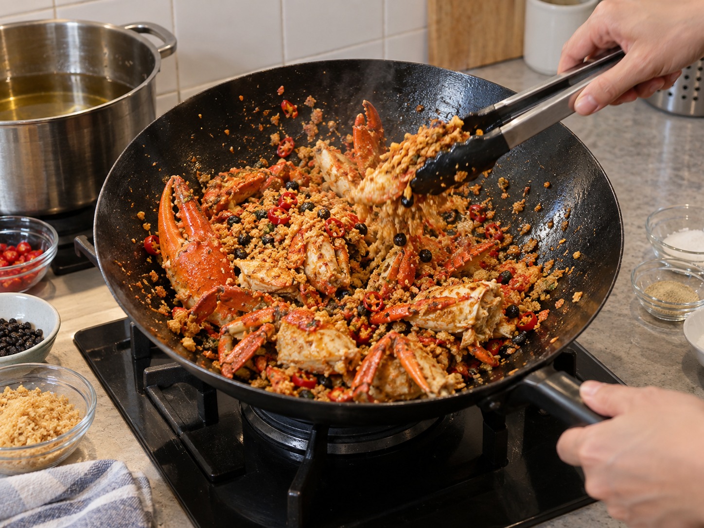 Hong Kong Typhoon Shelter Crab — Toss quickly until the golden topping coats every piece