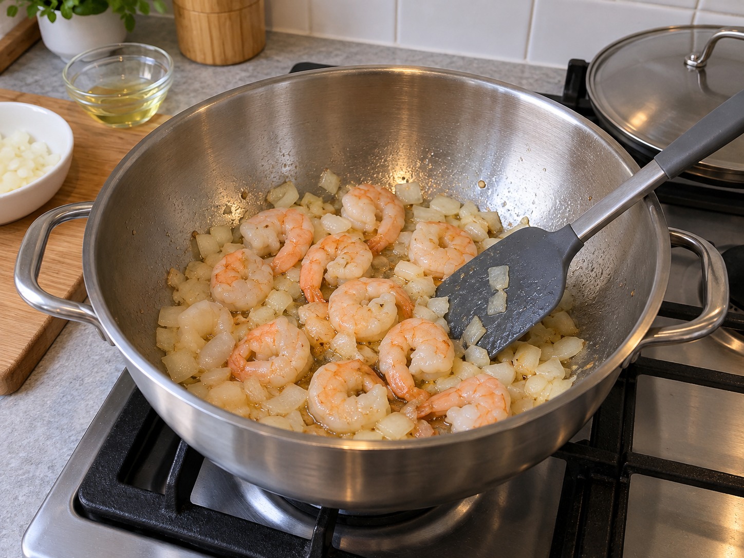 港式鴛鴦炒飯 — 洗淨鍋，熱半湯匙油炒餘下洋蔥及蝦兩分鐘