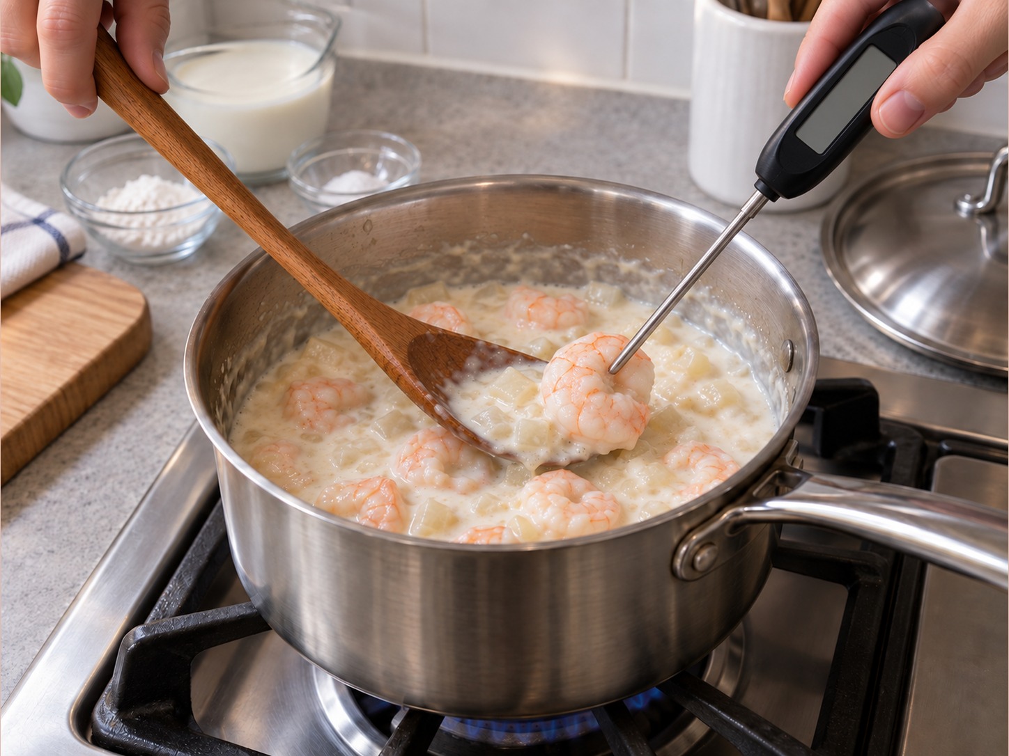 港式鴛鴦炒飯 — 白汁再攪勻加入，輕煮至稠且蝦中心達75°C至少30秒