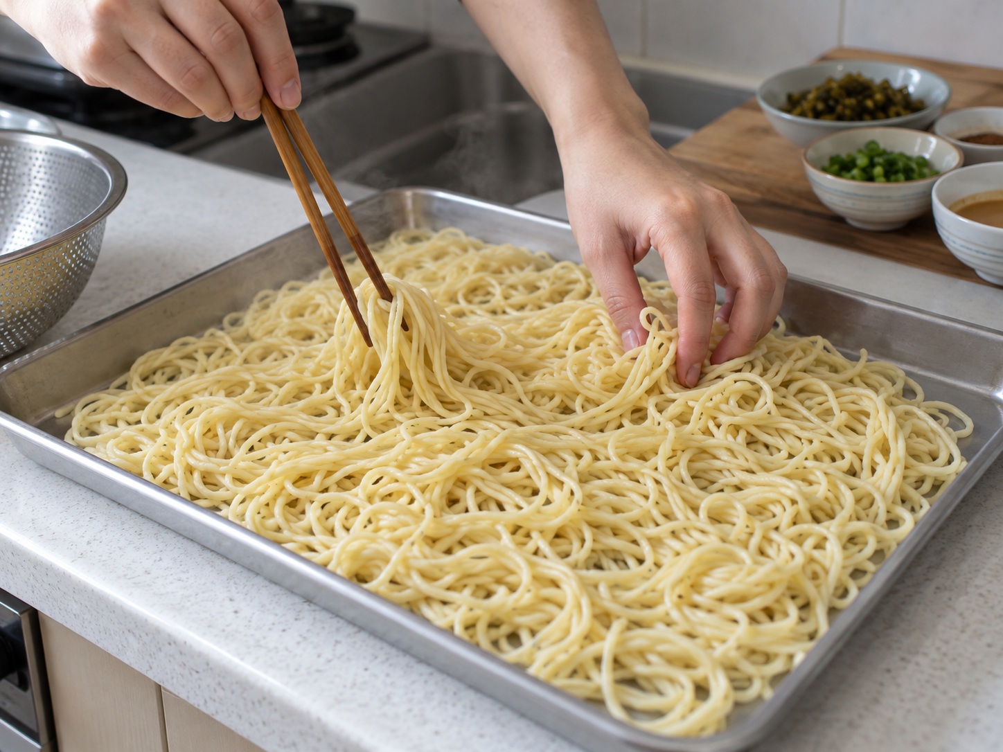 Mainit na Tuyong Mami ng Wuhan — Ikalat at palamigin ang noodles