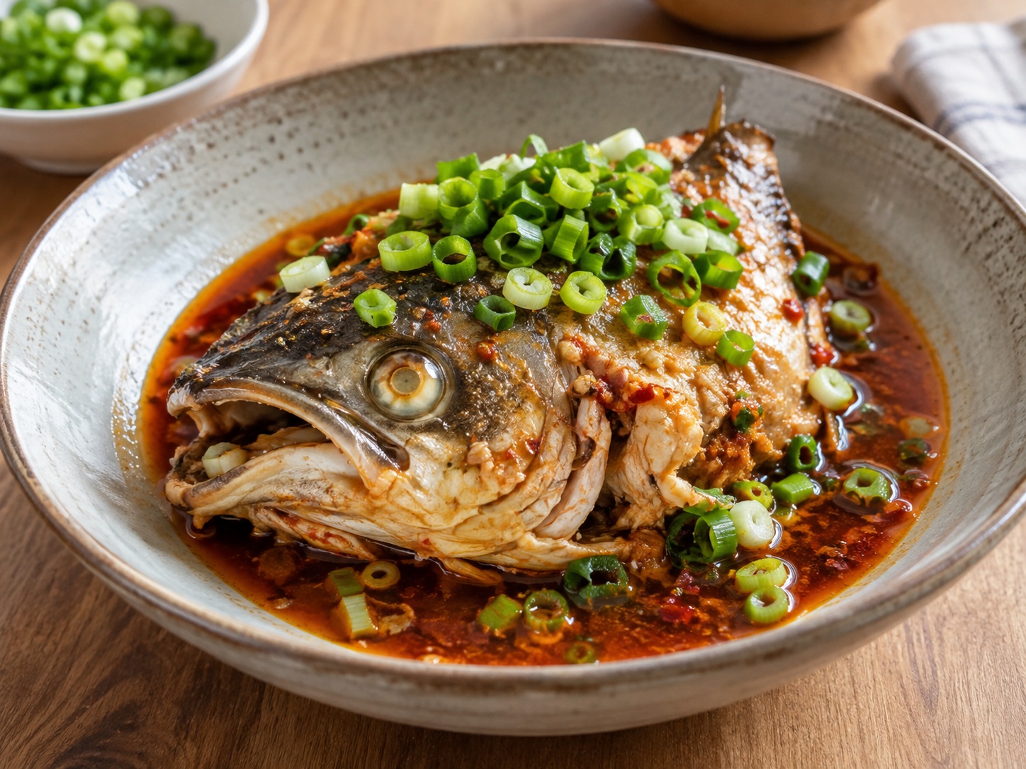 湖南剁椒魚頭 — 撒蔥上桌