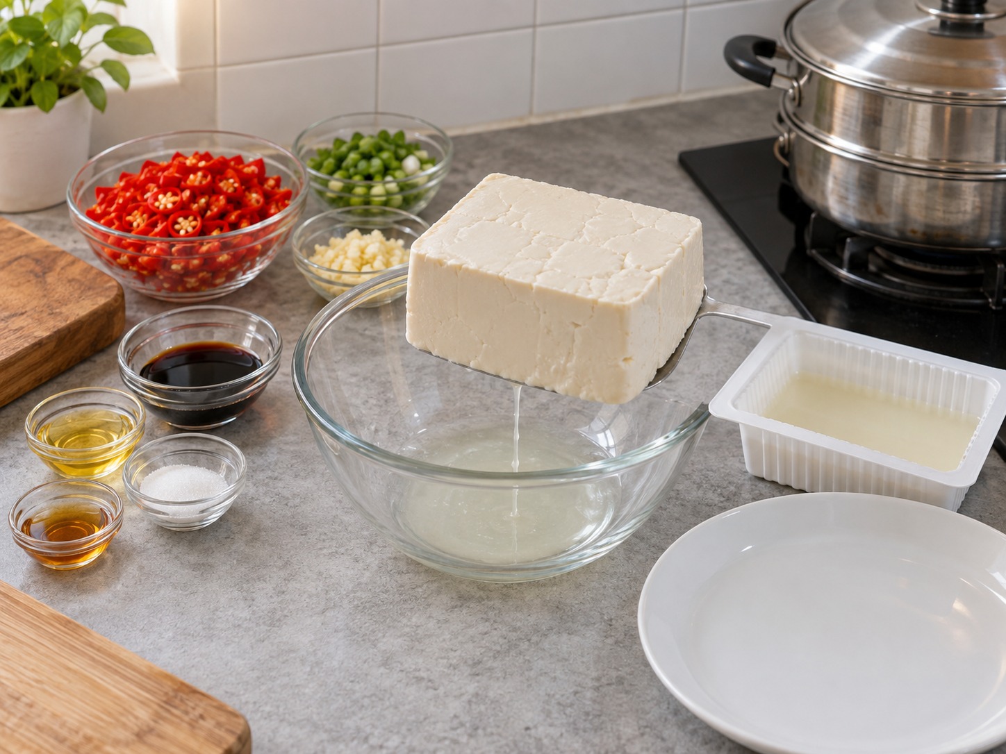 Hunan Chopped Chilli Steamed Tofu — Maingat na alisin ang malambot na tokwa at salain ang tubig sa pakete