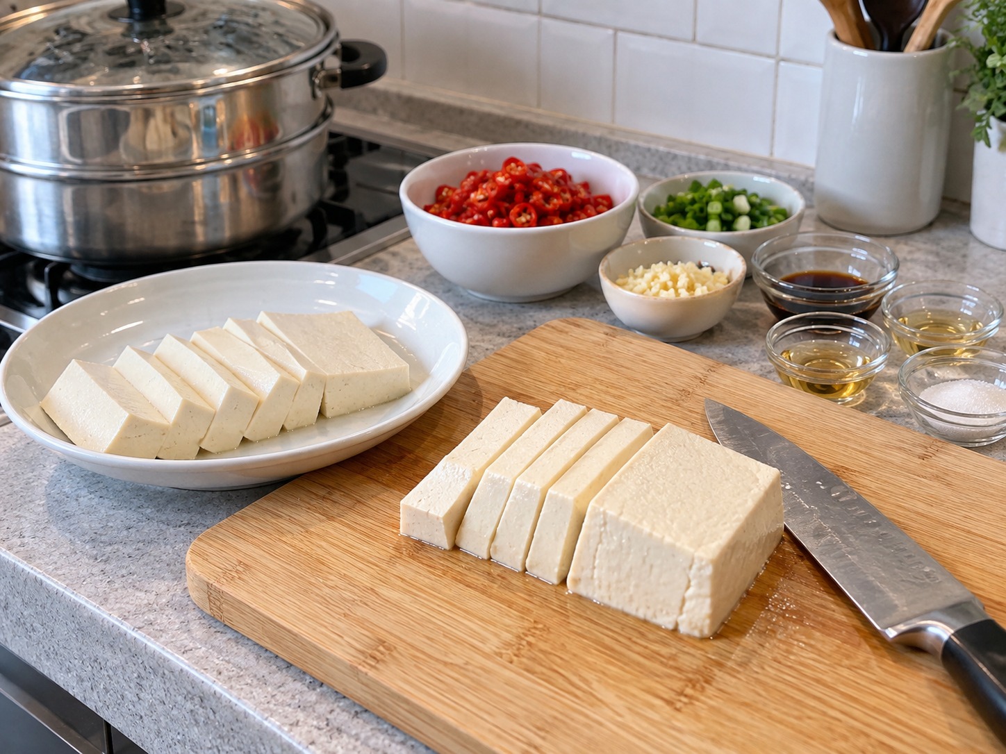 Hunan Chopped Chilli Steamed Tofu — Hiwain nang makapal ang tokwa sa piring na ligtas sa init