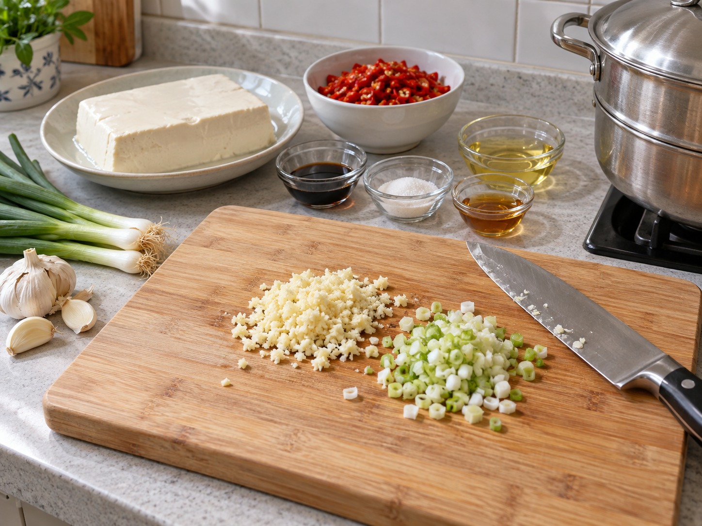 Hunan Chopped Chilli Steamed Tofu — Tadtarin ang bawang at puting bahagi ng dahon ng sibuyas