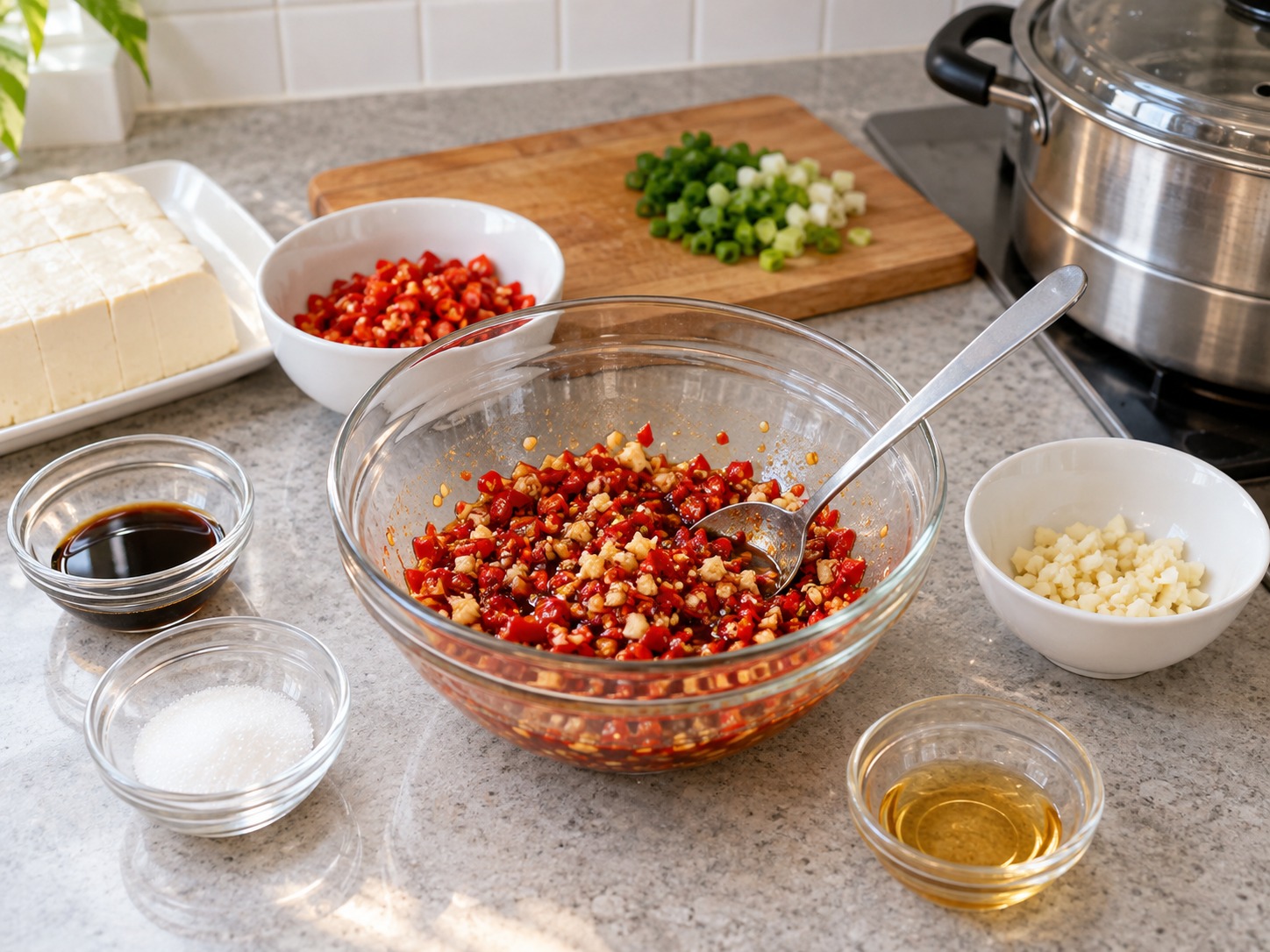 Hunan Chopped Chilli Steamed Tofu — Paghaluin ang chopped chillies, light soy sauce, asukal, at bawang