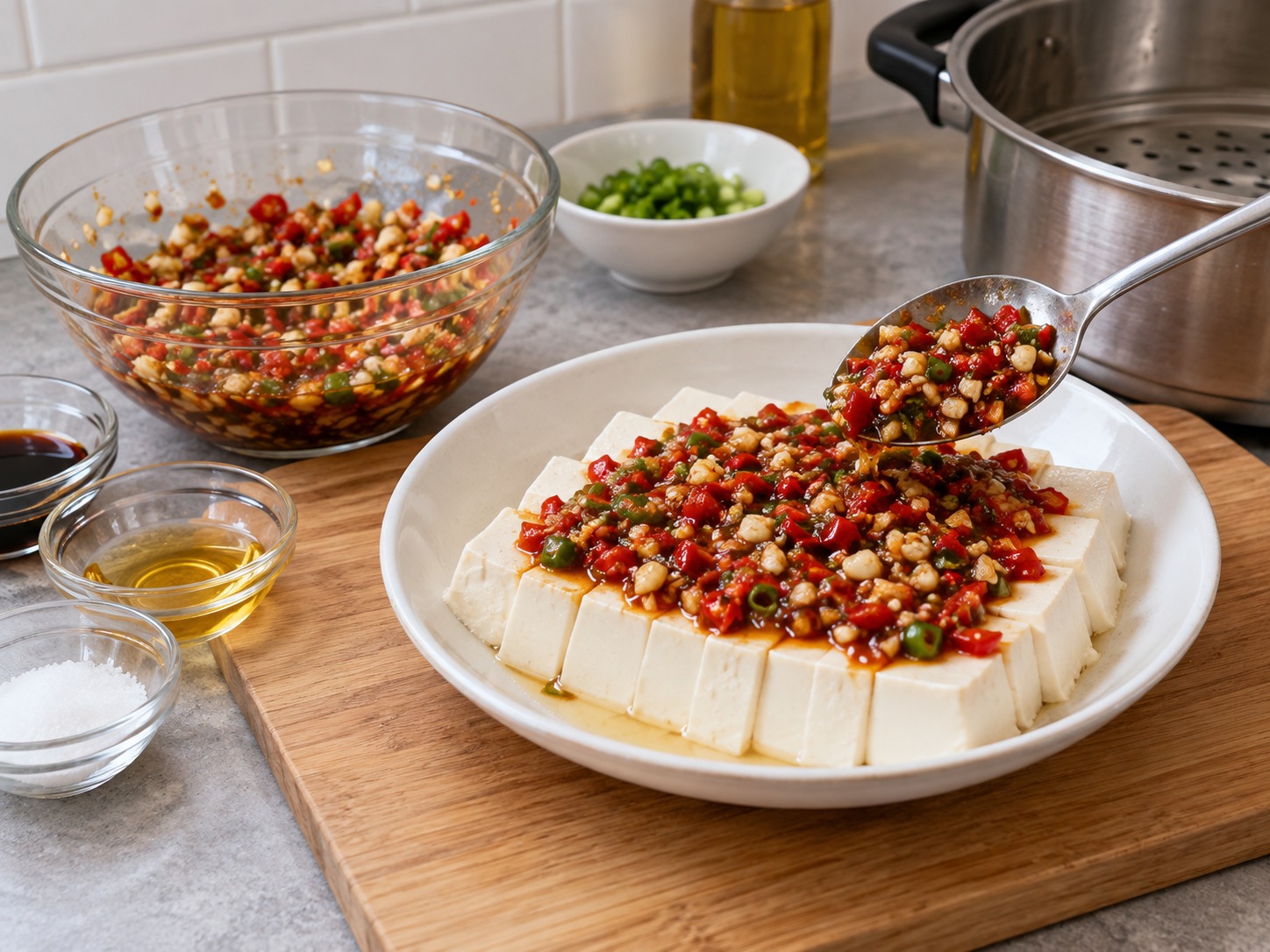 Hunan Chopped Chilli Steamed Tofu — Ikalat nang pantay ang chilli mixture sa tokwa