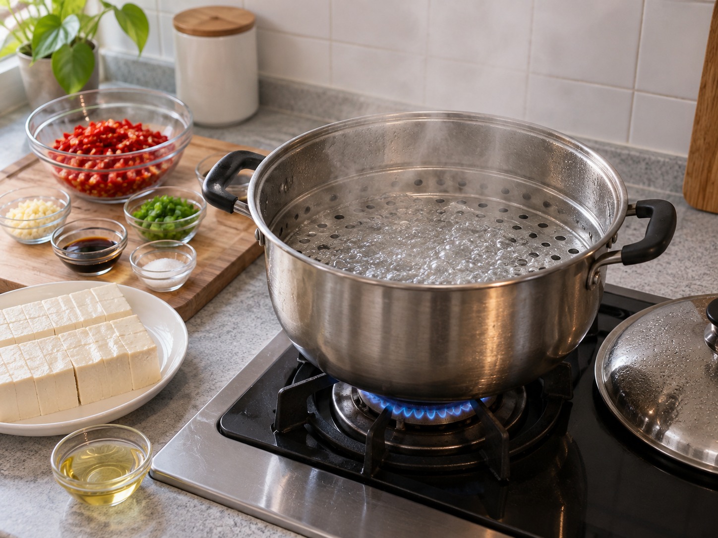 Hunan Chopped Chilli Steamed Tofu — Pakuluin ang tubig sa steamer